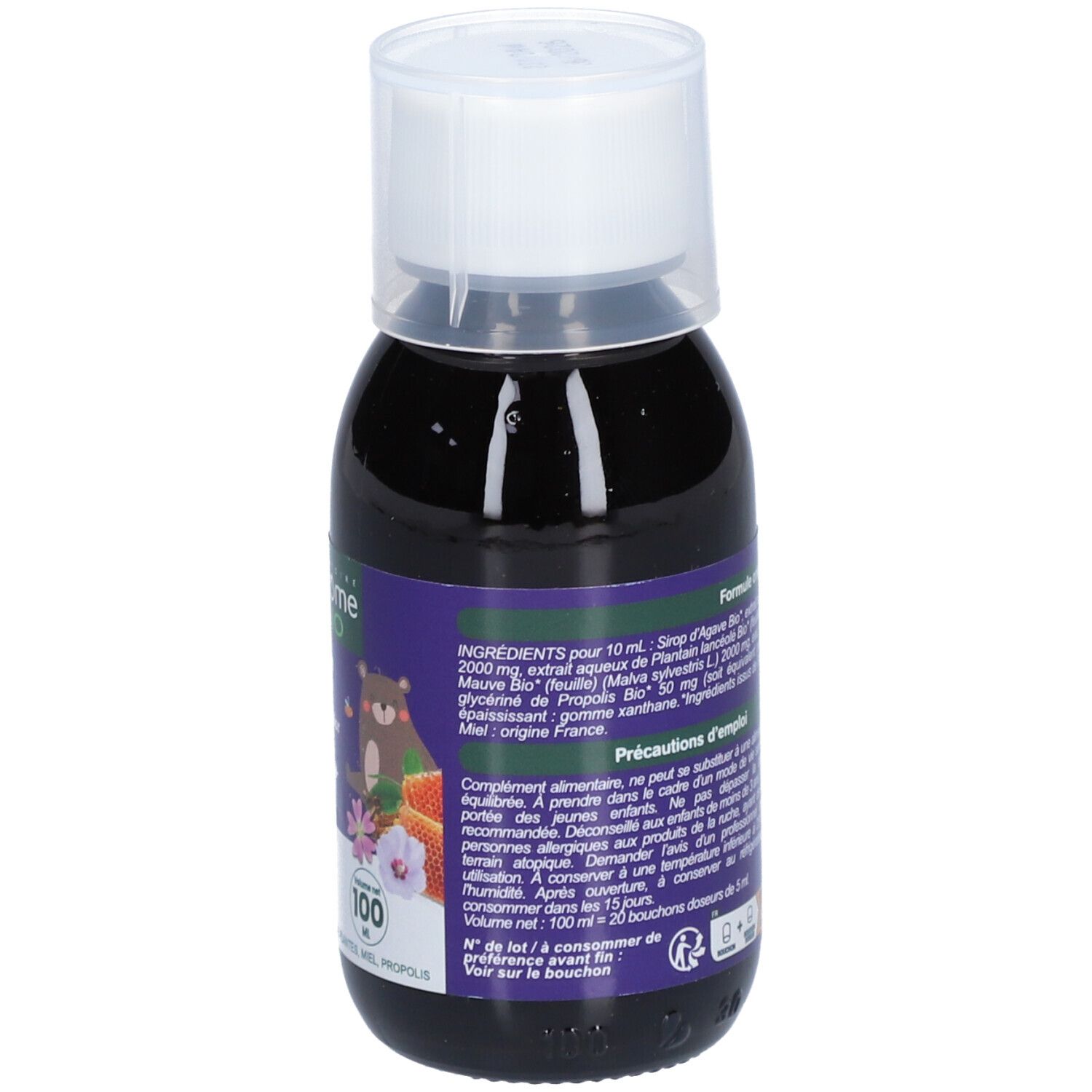 Bouteille de liquide brun. Étiquette avec ingrédients, mode d'emploi et informations fabricant.