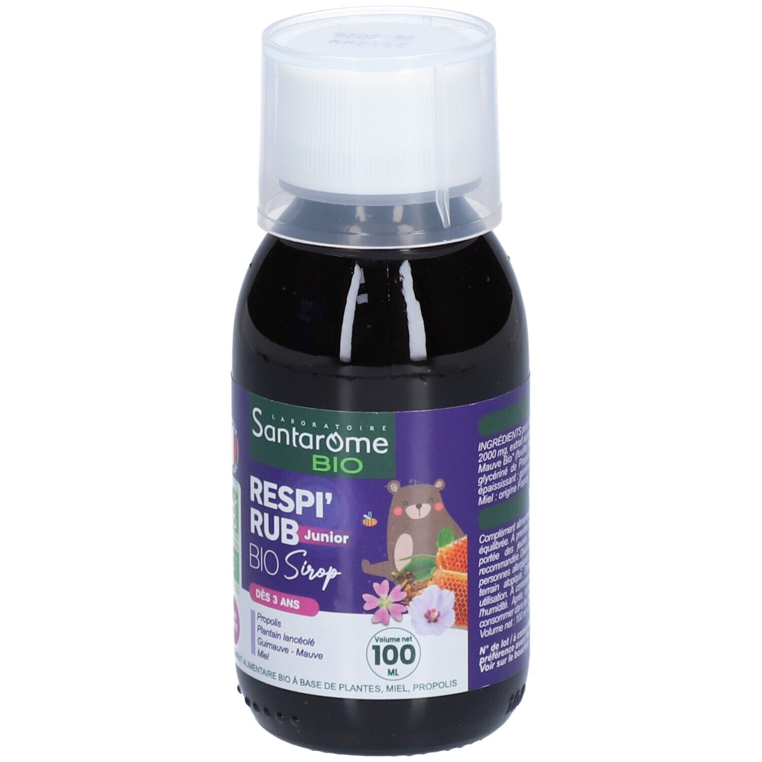 Bouteille de liquide brun. Étiquette avec nom du produit, logo, ingrédients et volume.