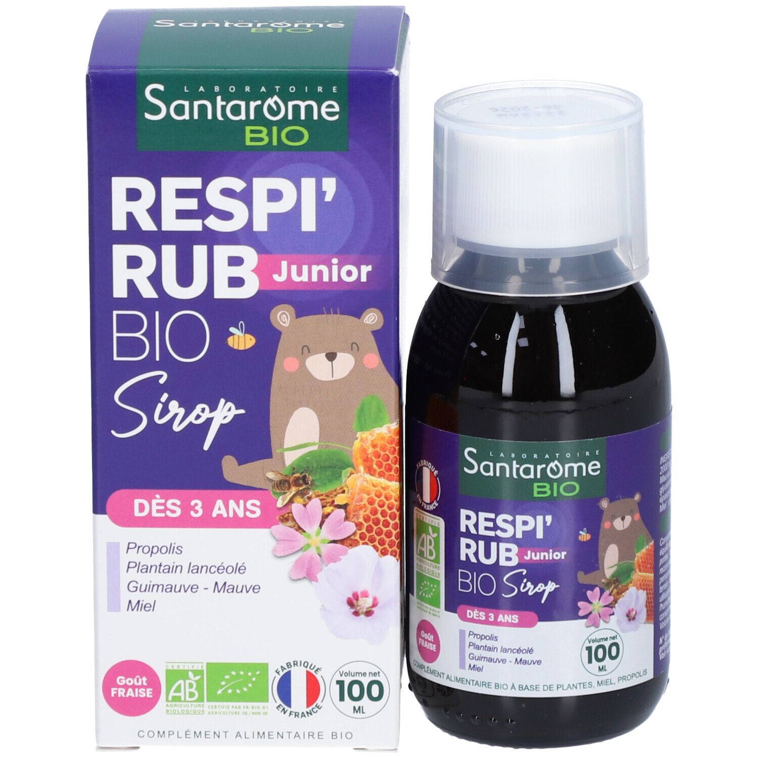 Produit et emballage. Bouteille de liquide brun et boîte. Impression avec nom du produit et logo.