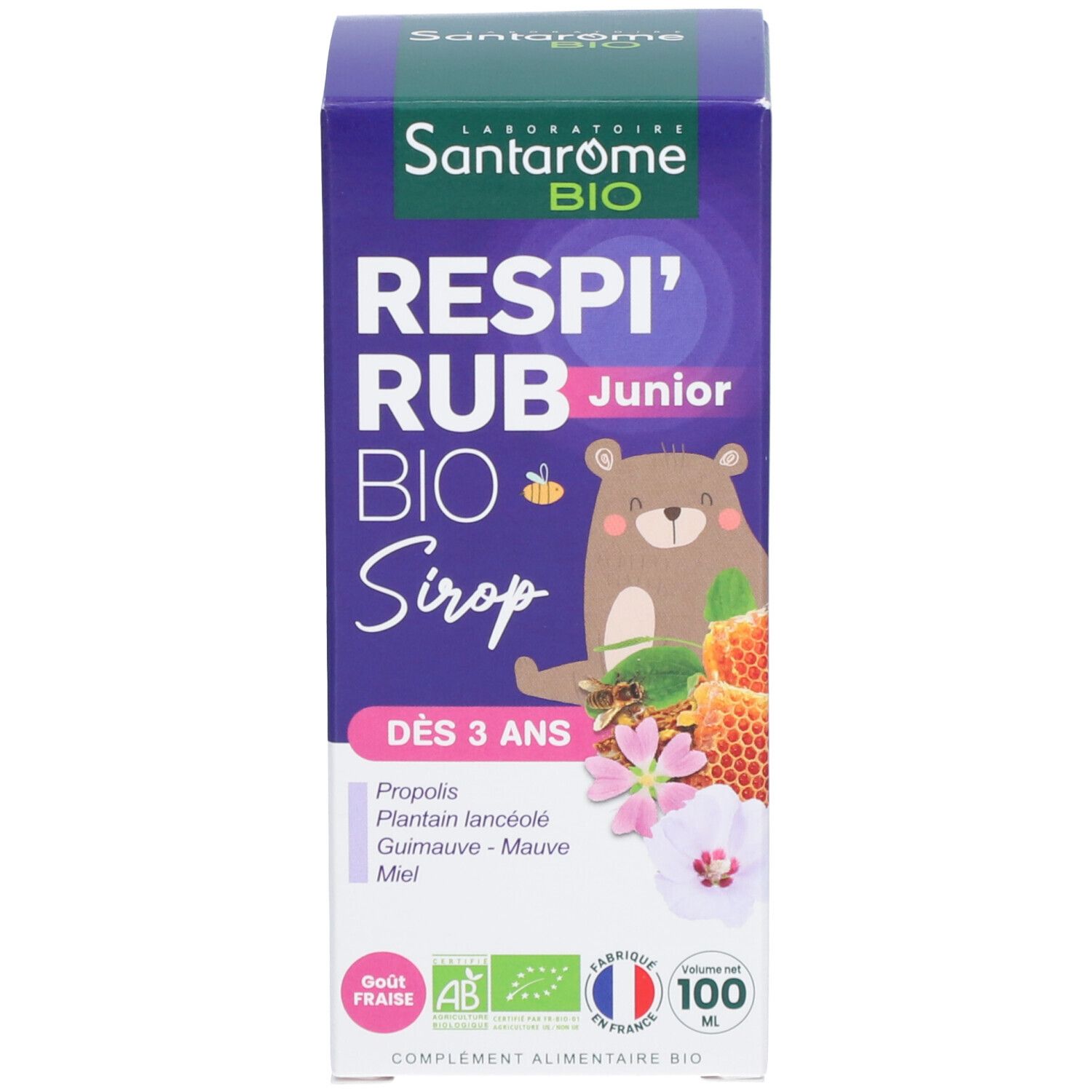 Emballage carton avec nom du produit, logo et ingrédients. Bouteille de liquide brun.