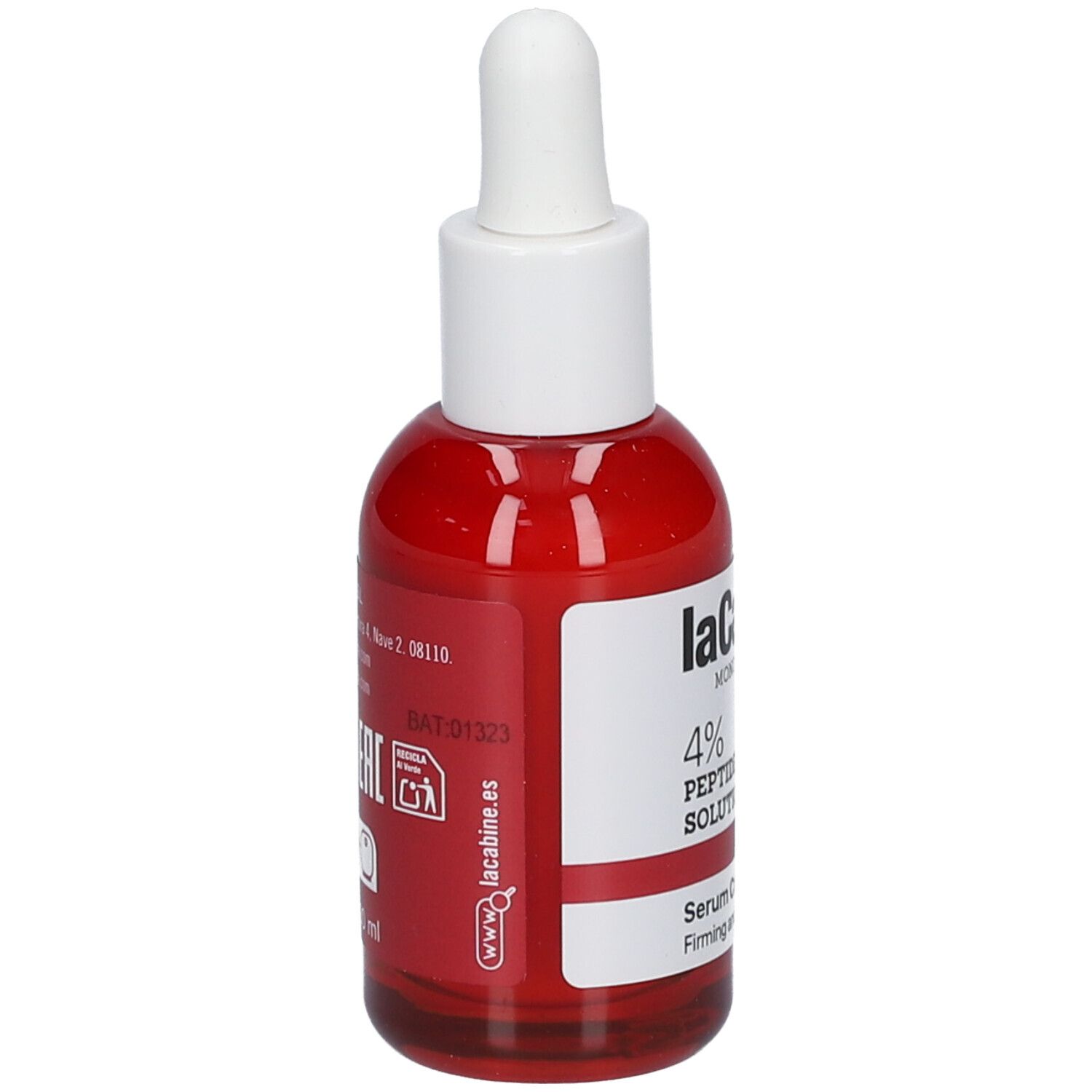 Flacon rouge avec bouchon et pipette blancs. Inscription : LaCabine, 4% PEPTIDES SOLUTION, Serum Cream. Texte au dos.