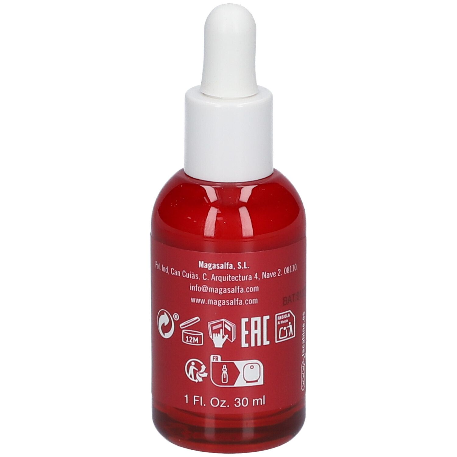 Flacon rouge avec bouchon et pipette blancs. Inscription : LaCabine, 4% PEPTIDES SOLUTION, Serum Cream. Texte et symboles au dos.