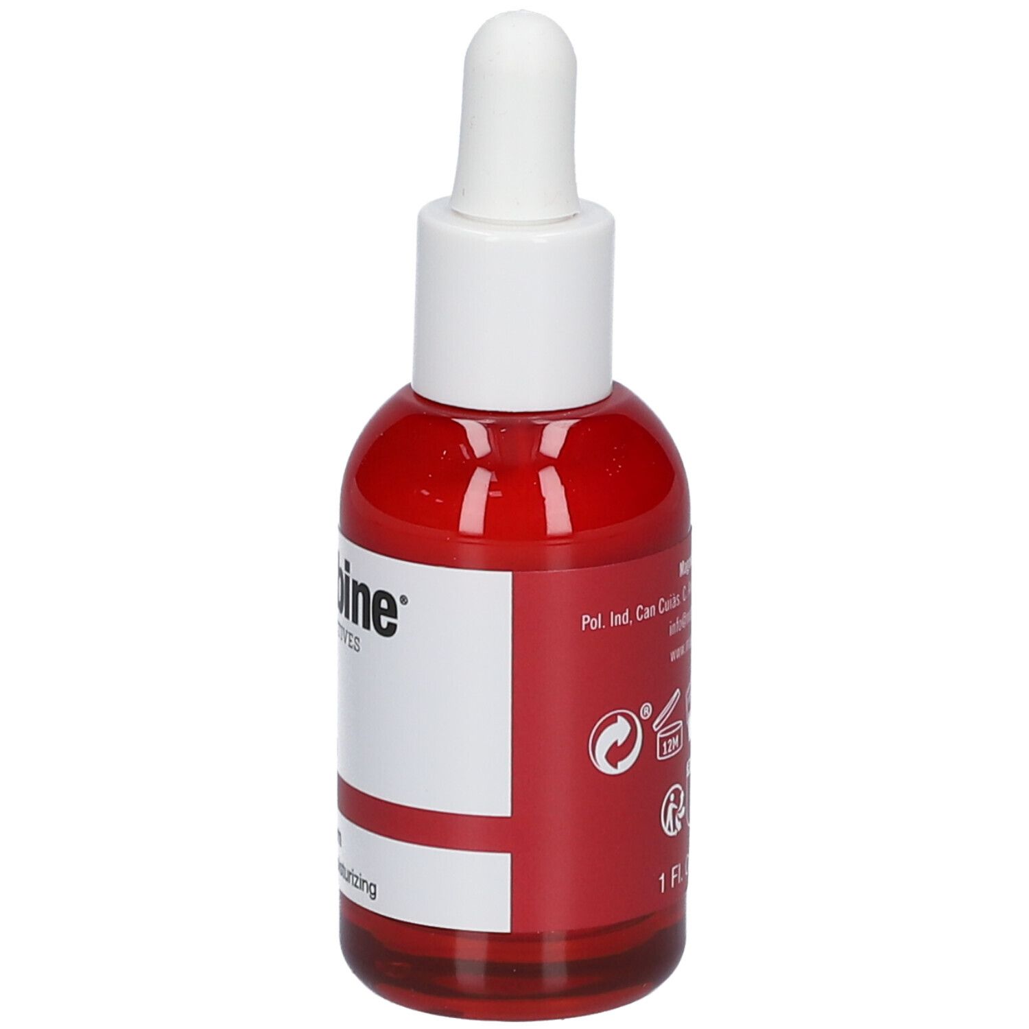 Flacon rouge avec bouchon et pipette blancs. Inscription : LaCabine, 4% PEPTIDES SOLUTION, Serum Cream. Texte et symboles au dos.