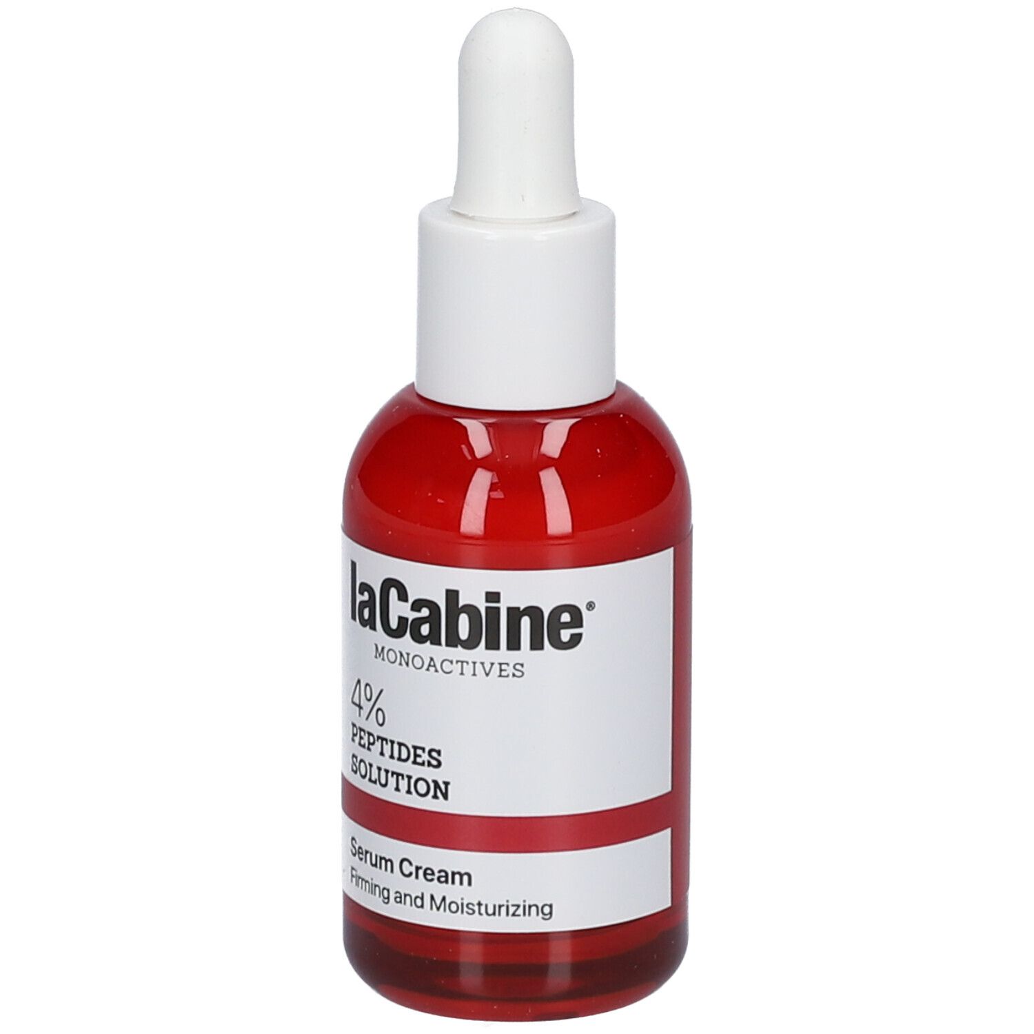Flacon rouge avec bouchon et pipette blancs. Inscription : LaCabine, 4% PEPTIDES SOLUTION, Serum Cream.