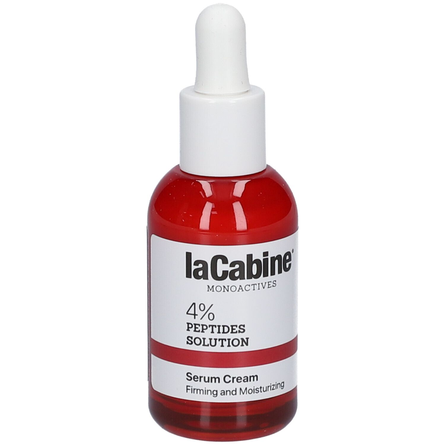 Flacon rouge avec bouchon et pipette blancs. Inscription : LaCabine, 4% PEPTIDES SOLUTION, Serum Cream.