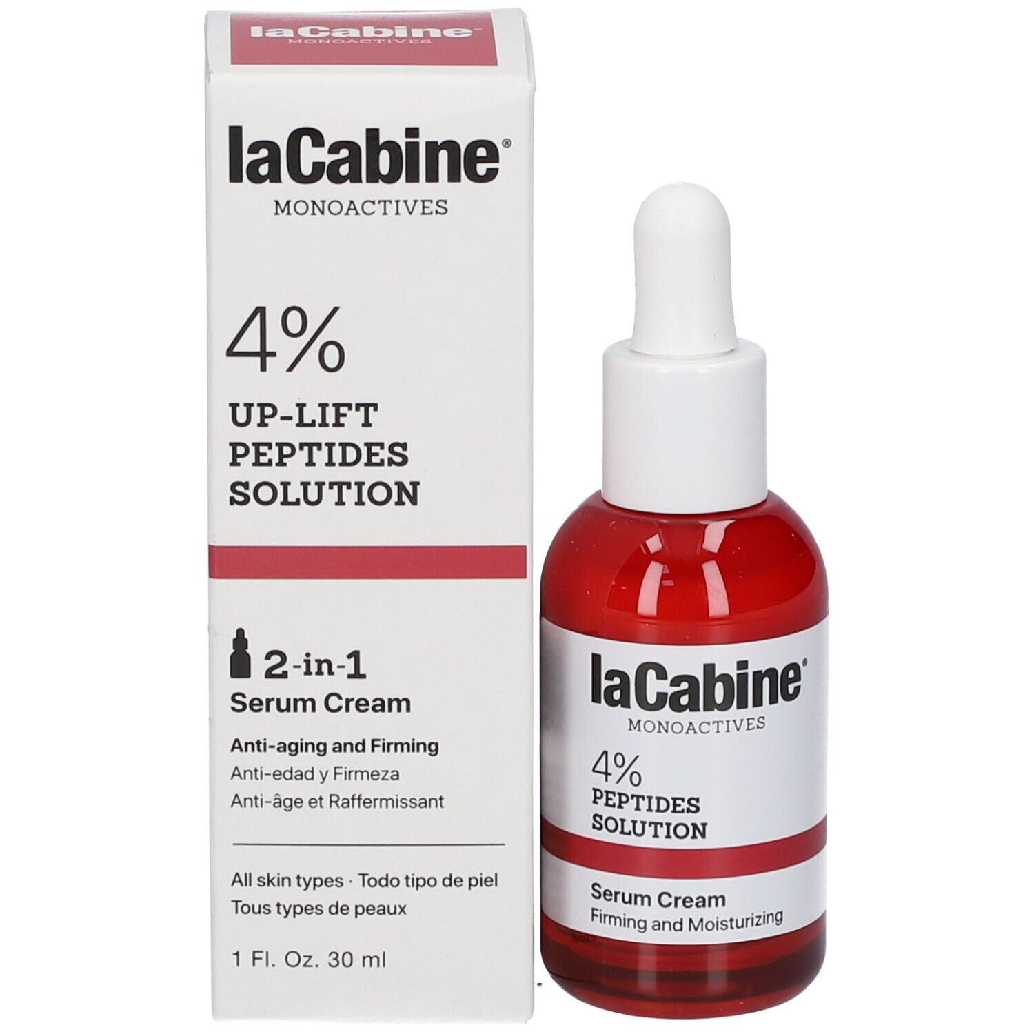 Flacon et emballage du produit. Inscription : LaCabine, 4% UP-LIFT PEPTIDES SOLUTION, 2-en-1 Serum Cream.