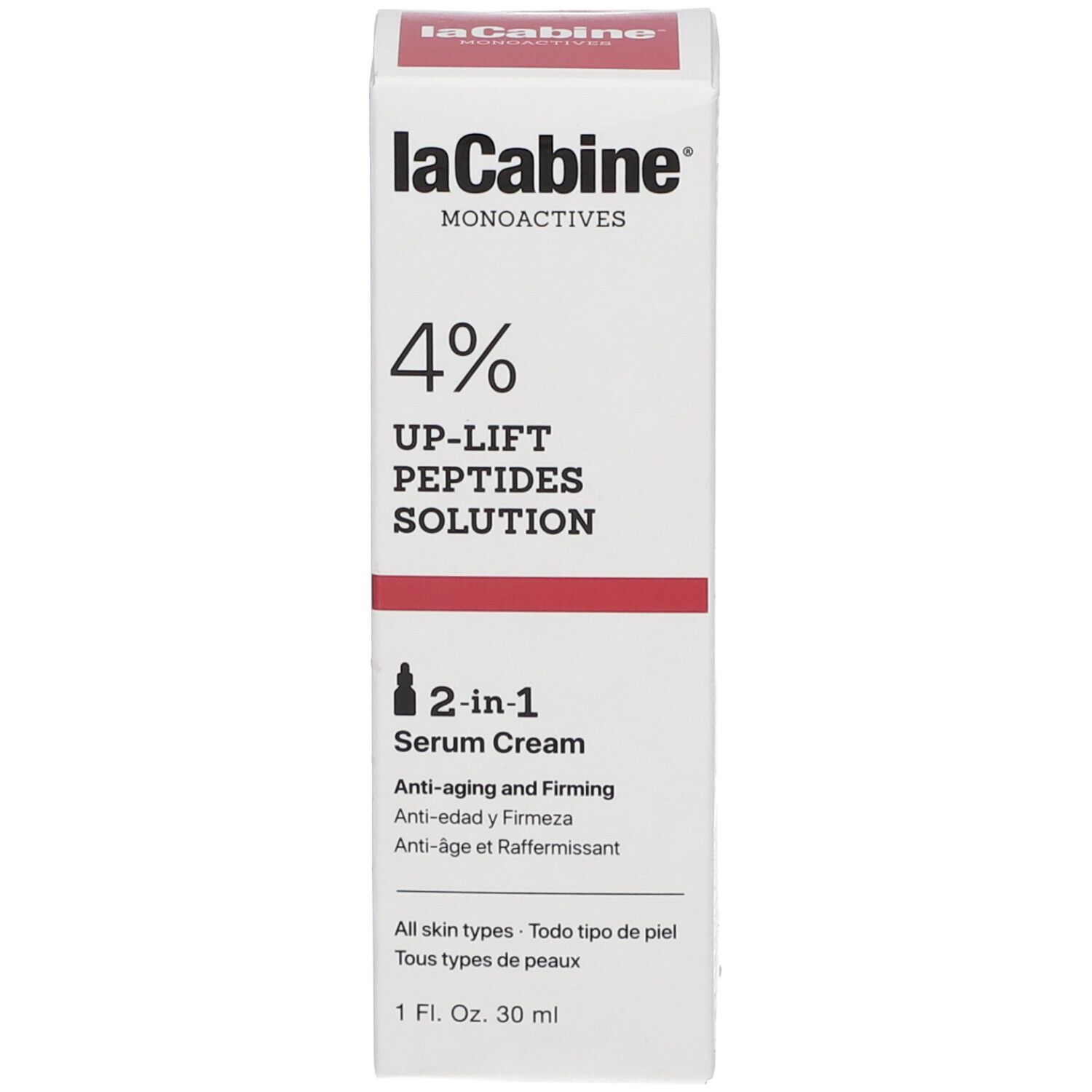 Emballage du produit. Inscription : LaCabine, 4% UP-LIFT PEPTIDES SOLUTION, 2-en-1 Serum Cream.