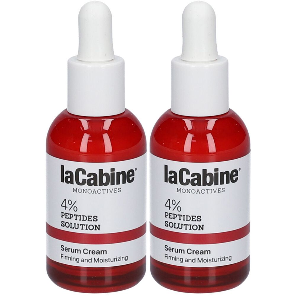 Deux flacons rouges avec bouchon et pipette blancs. Inscription : LaCabine, 4% PEPTIDES SOLUTION, Serum Cream.