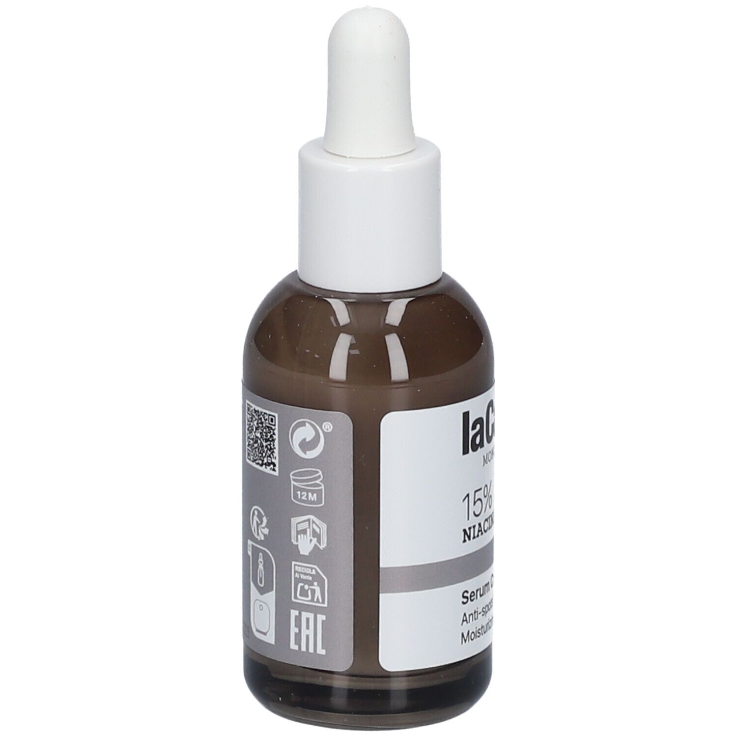 Rückseite der braunen Serum-Creme-Flasche. Aufkleber mit Informationen und Symbolen. laCabine, 15% Niacinamid.