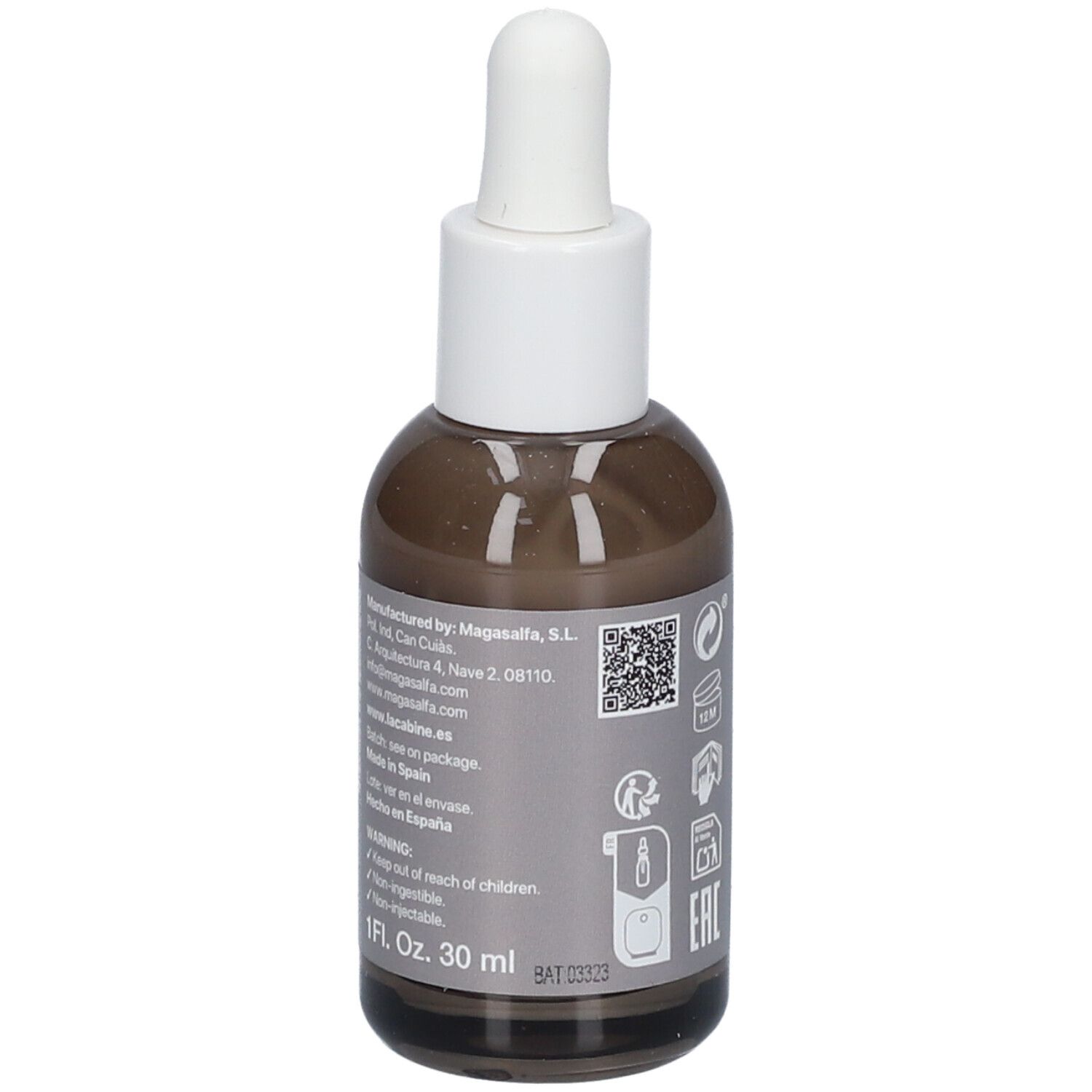 Rückseite der braunen Serum-Creme-Flasche. Aufkleber mit Herstellerinformationen. laCabine, 15% Niacinamid.