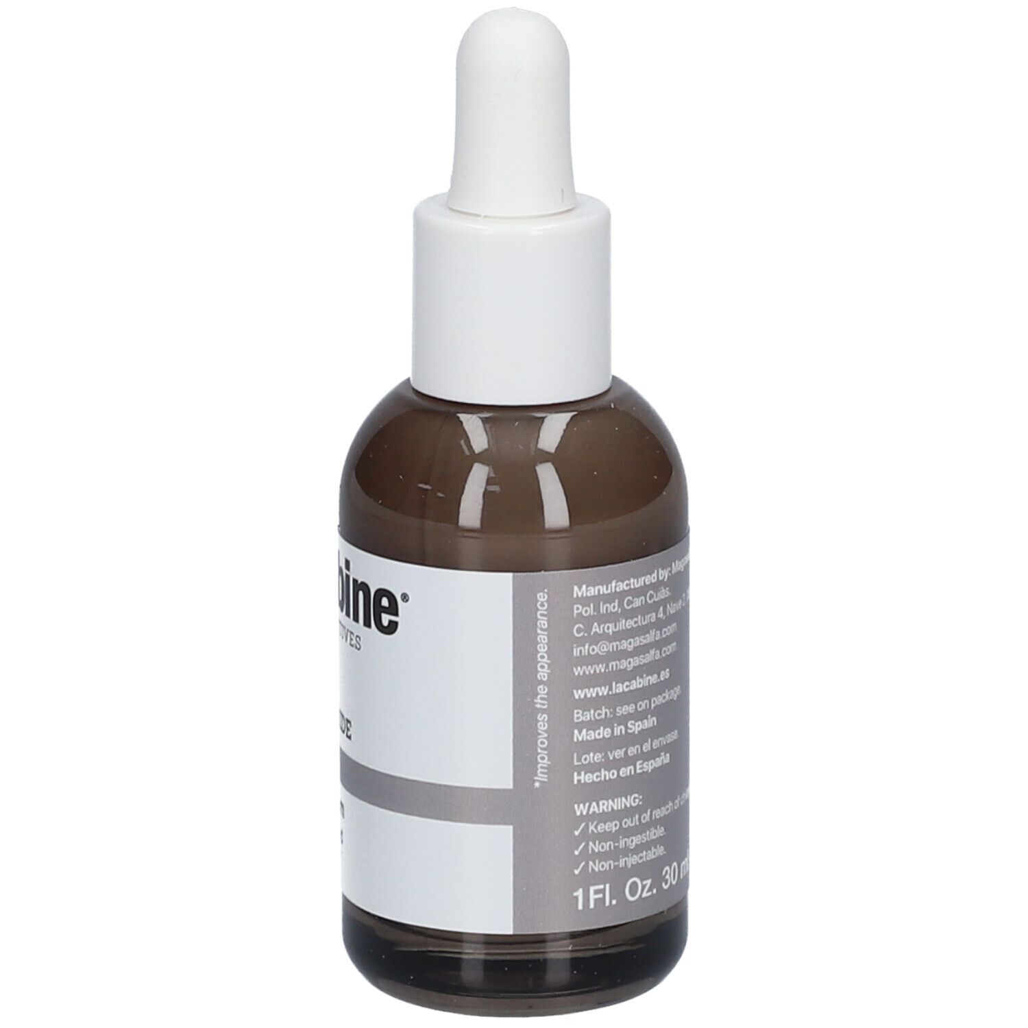 Rückseite der braunen Serum-Creme-Flasche. Aufkleber mit Warnhinweisen. laCabine, 15% Niacinamid.