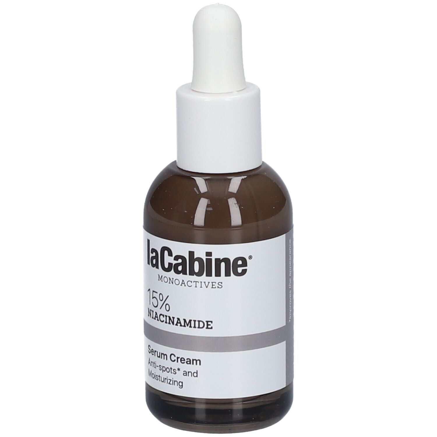 Braune Serum-Creme-Flasche mit weißem Deckel und Pipette. Aufschrift: laCabine, 15% Niacinamid, Serum Cream.