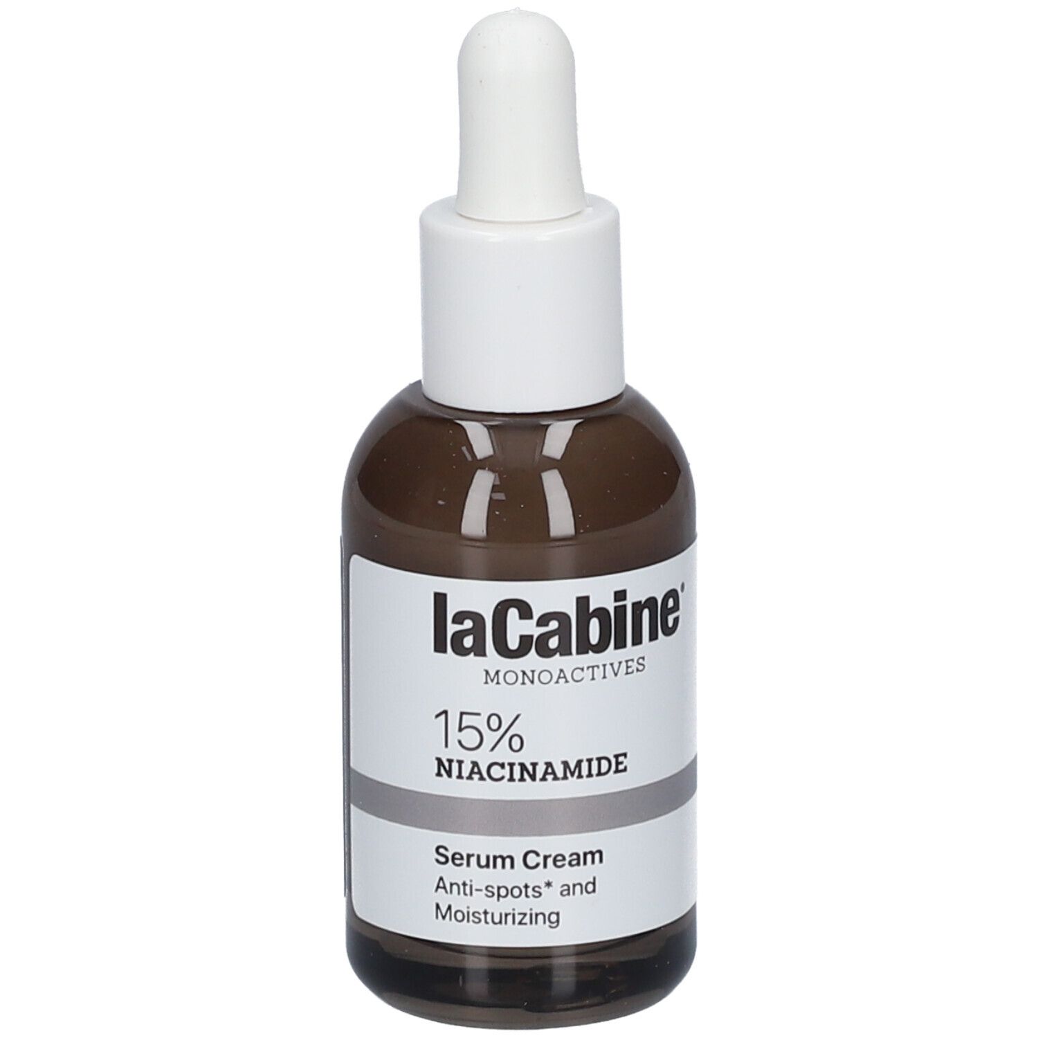 Braune Serum-Creme-Flasche mit weißem Deckel und Pipette. Aufschrift: laCabine, 15% Niacinamid, Serum Cream.