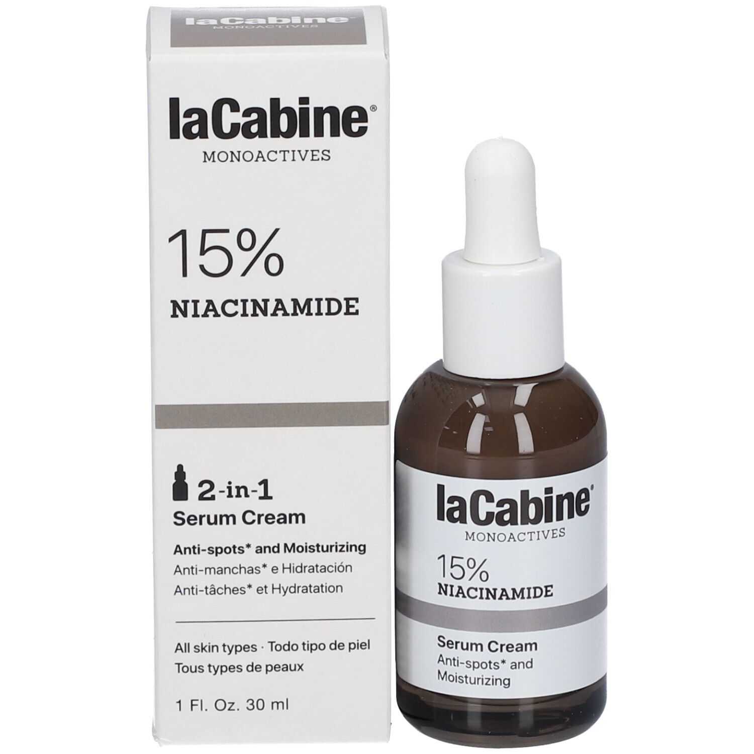 Produktverpackung und Flasche. Weiße Schachtel mit Aufschrift: laCabine, 15% Niacinamid, Serum Cream. Flasche daneben.
