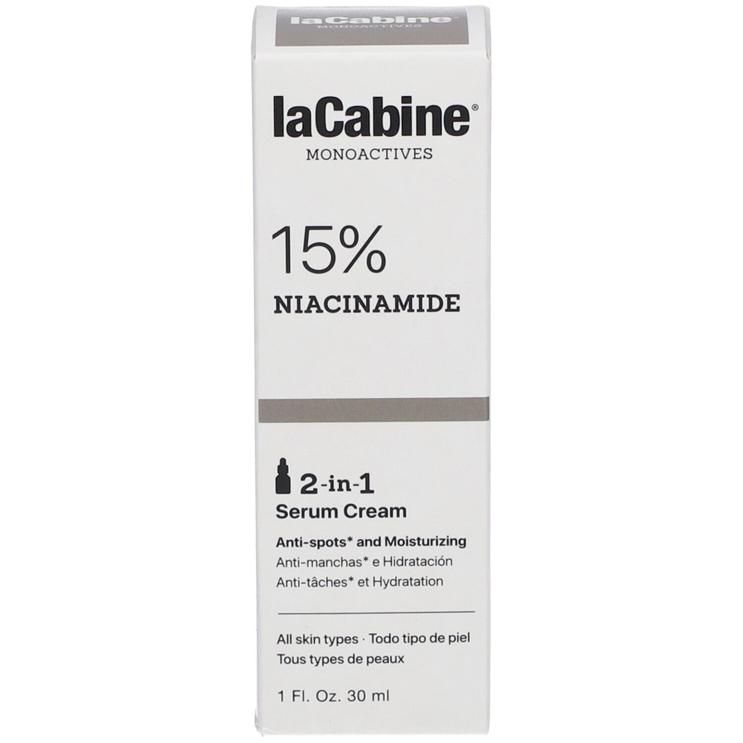 Weiße Produktverpackung. Aufschrift: laCabine, 15% Niacinamid, Serum Cream. 2-in-1 Serum Creme.