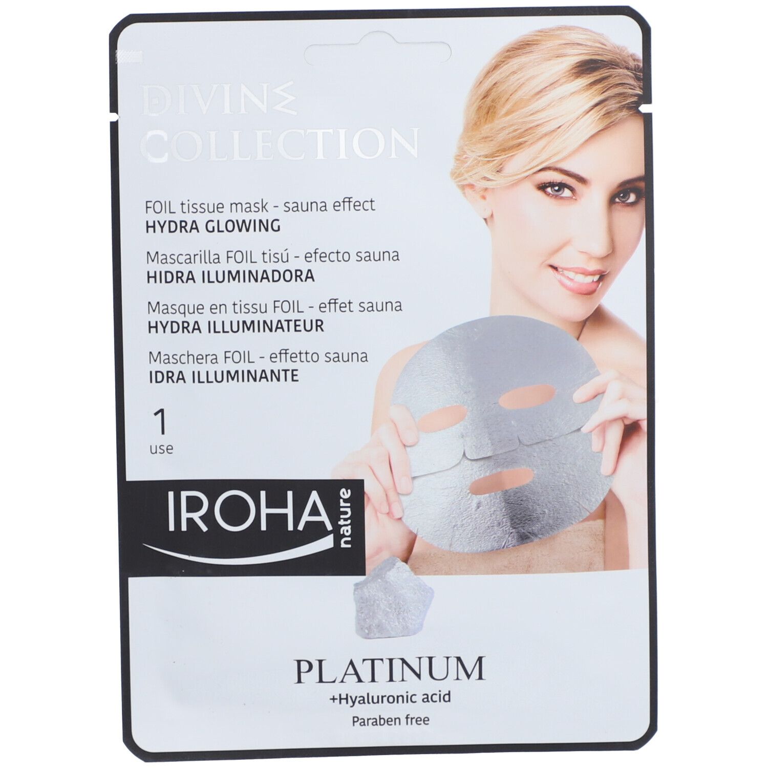 Gesichtsmaske in Folienverpackung. Frau hält Maske. Text: Divine Collection, Hydra Glowing, Iroha Nature, Platinum.
