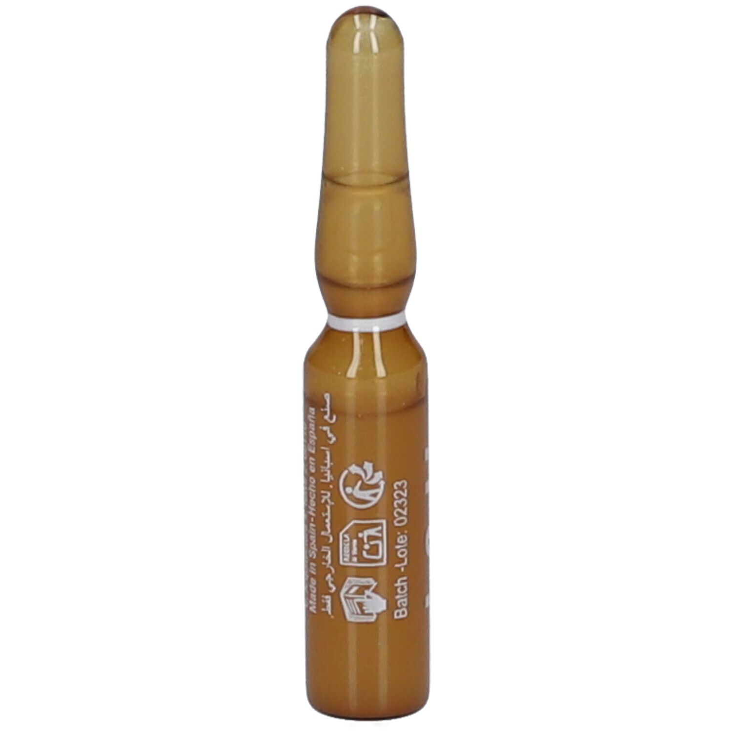 Ampoule brune avec texte arabe et espagnol. Numéro de lot 02323.
