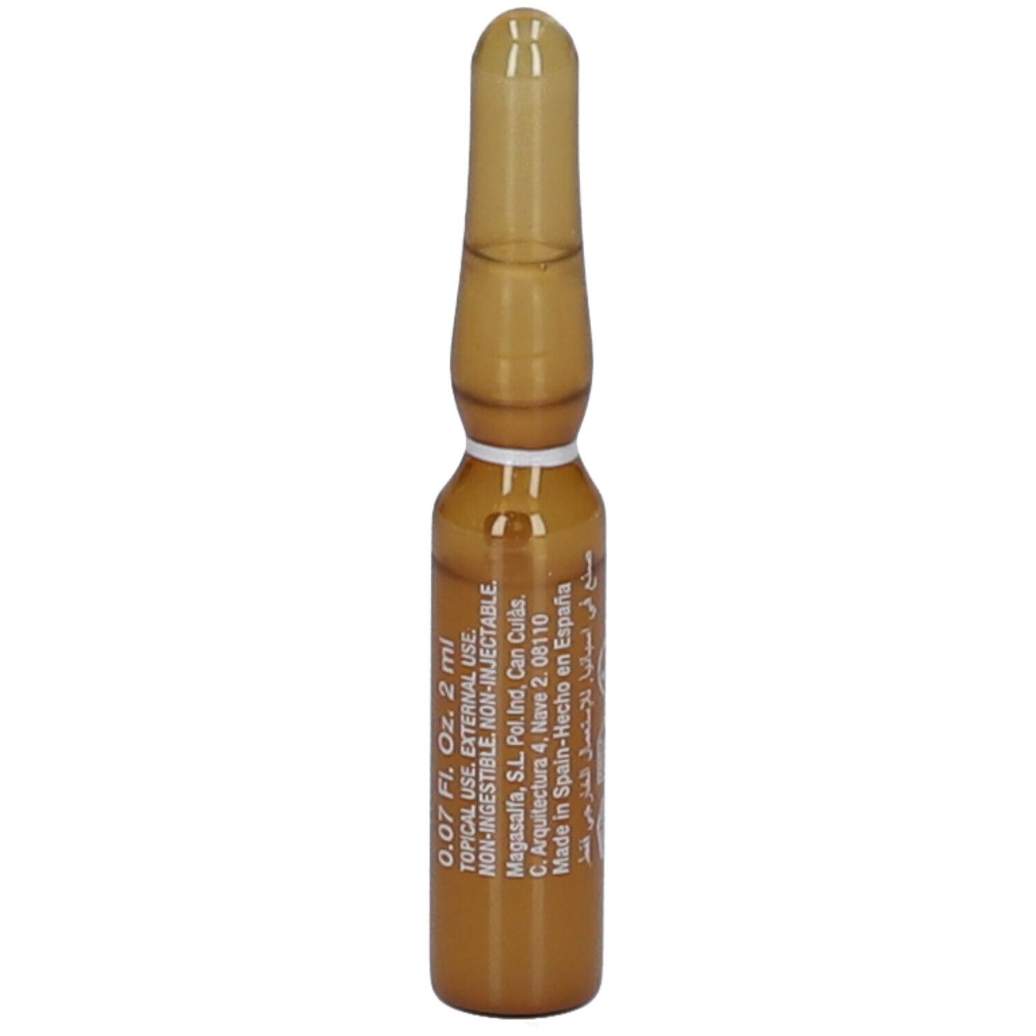 Ampoule brune avec texte: 0.07 Fl. Oz. 2 ml. USAGE TOPIQUE. NON-INGESTIBLE. Fabriqué en Espagne.