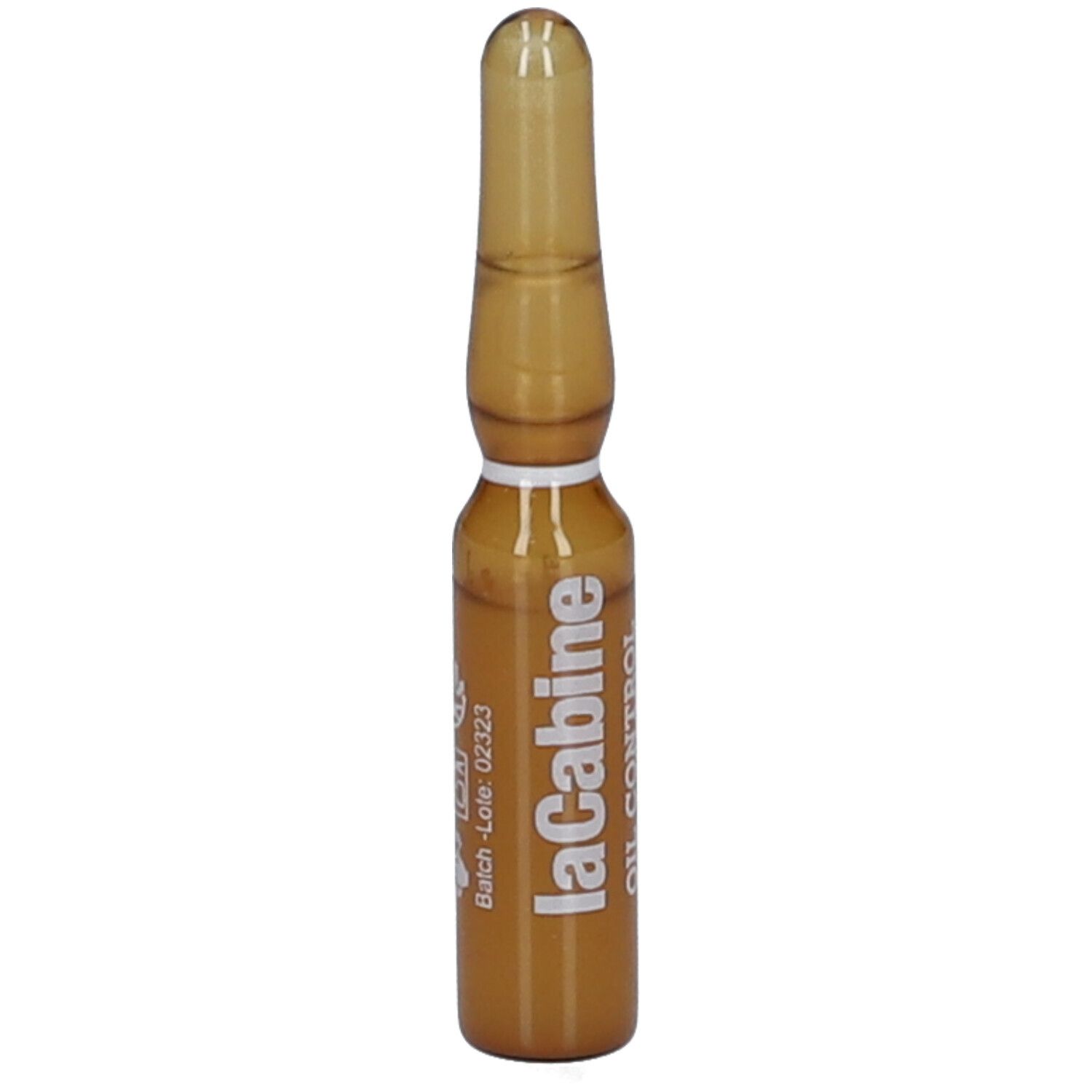 Ampoule brune avec texte blanc: LaCabine OIL CONTROL. Numéro de lot 02323.
