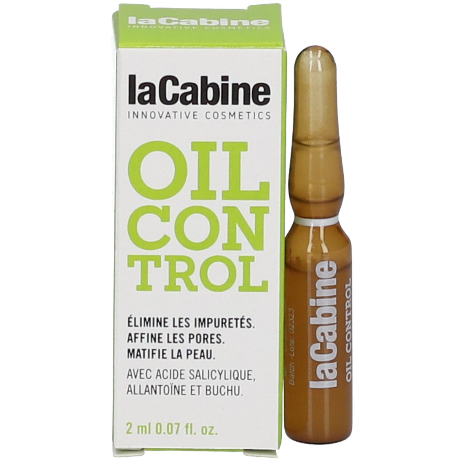 Emballage et ampoule. Emballage: LaCabine OIL CONTROL. 2 ml 0.07 fl. oz. Avec texte.