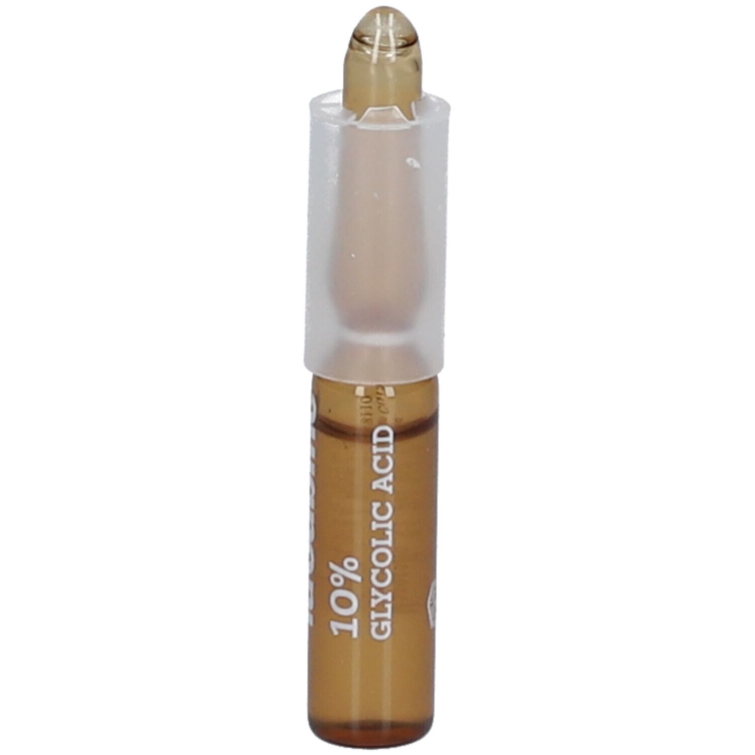 Bruine ampul met witte dop. Opschrift: 10% Glycolzuur.