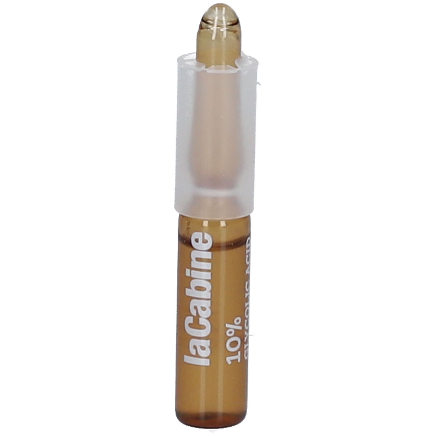 Bruine ampul met witte dop. Opschrift: LaCabine, 10% Glycolzuur.