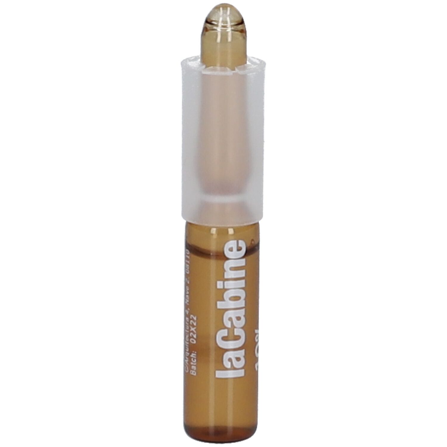 Bruine ampul met witte dop. Opschrift: LaCabine, 10%, Batch-nr.