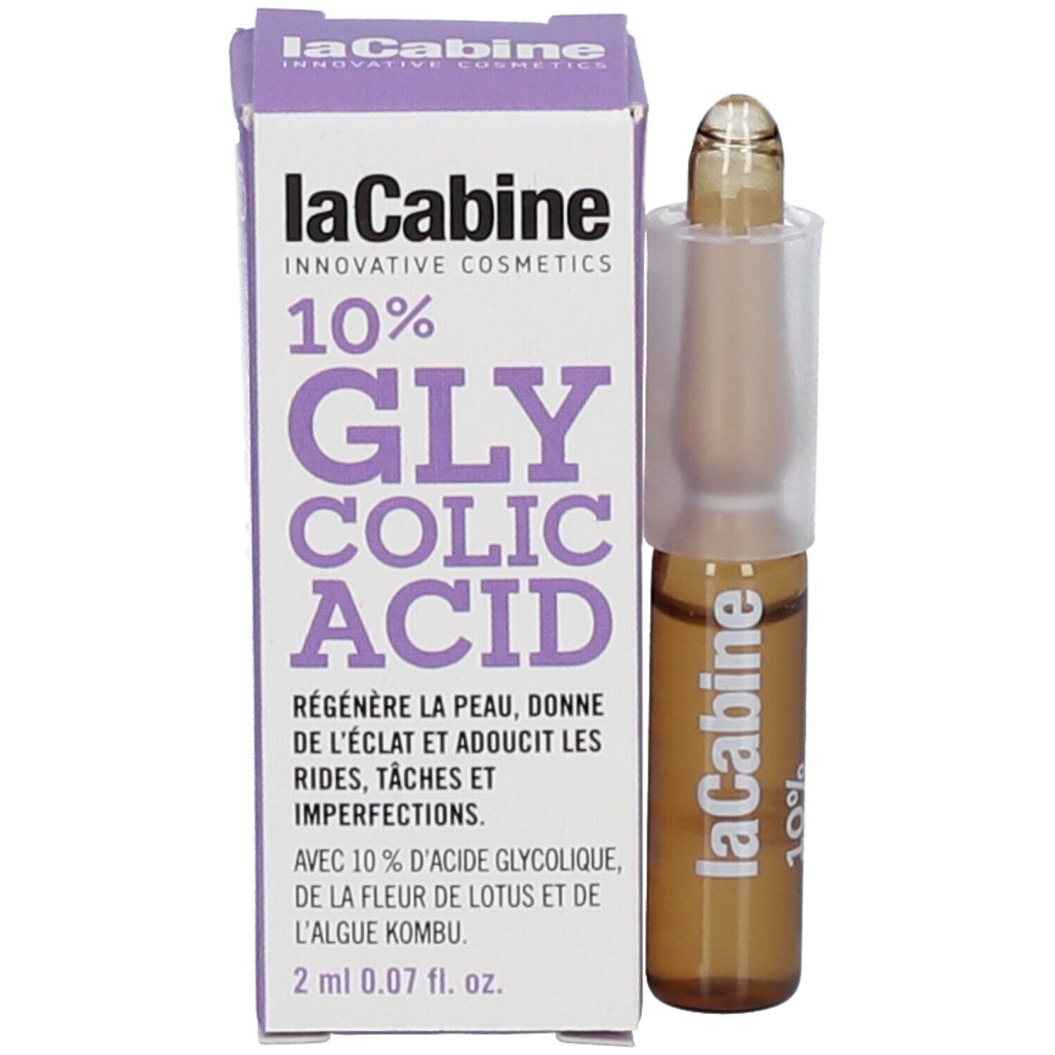 Productverpakking met ampul. Opschrift: LaCabine, 10% Glycolzuur, 2ml.