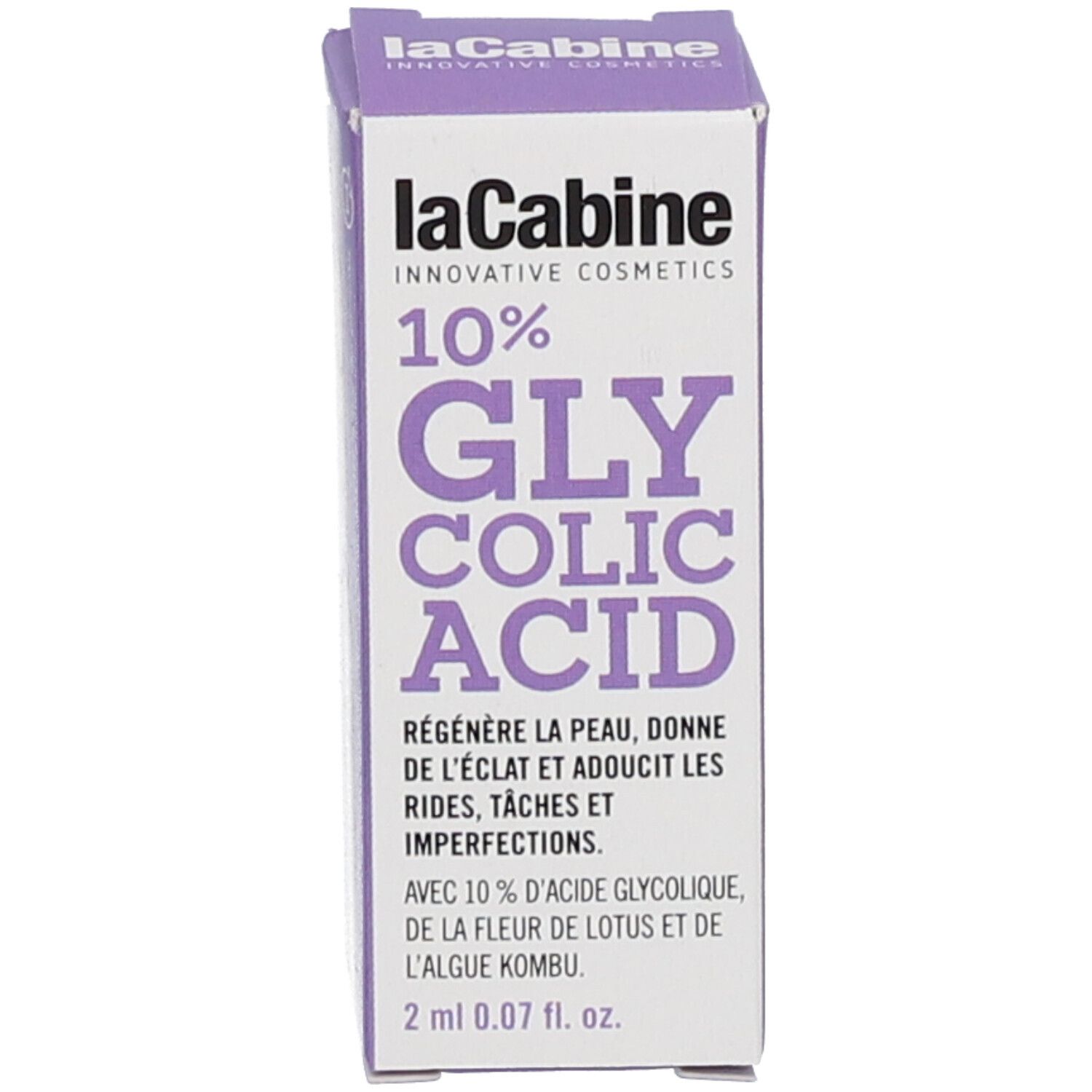 Productverpakking. Opschrift: LaCabine, 10% Glycolzuur, 2ml.
