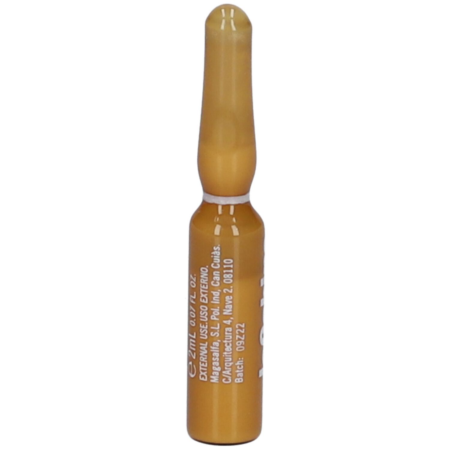 Ampoule dorée avec texte et indication de volume: 2ml 0.07 fl oz.