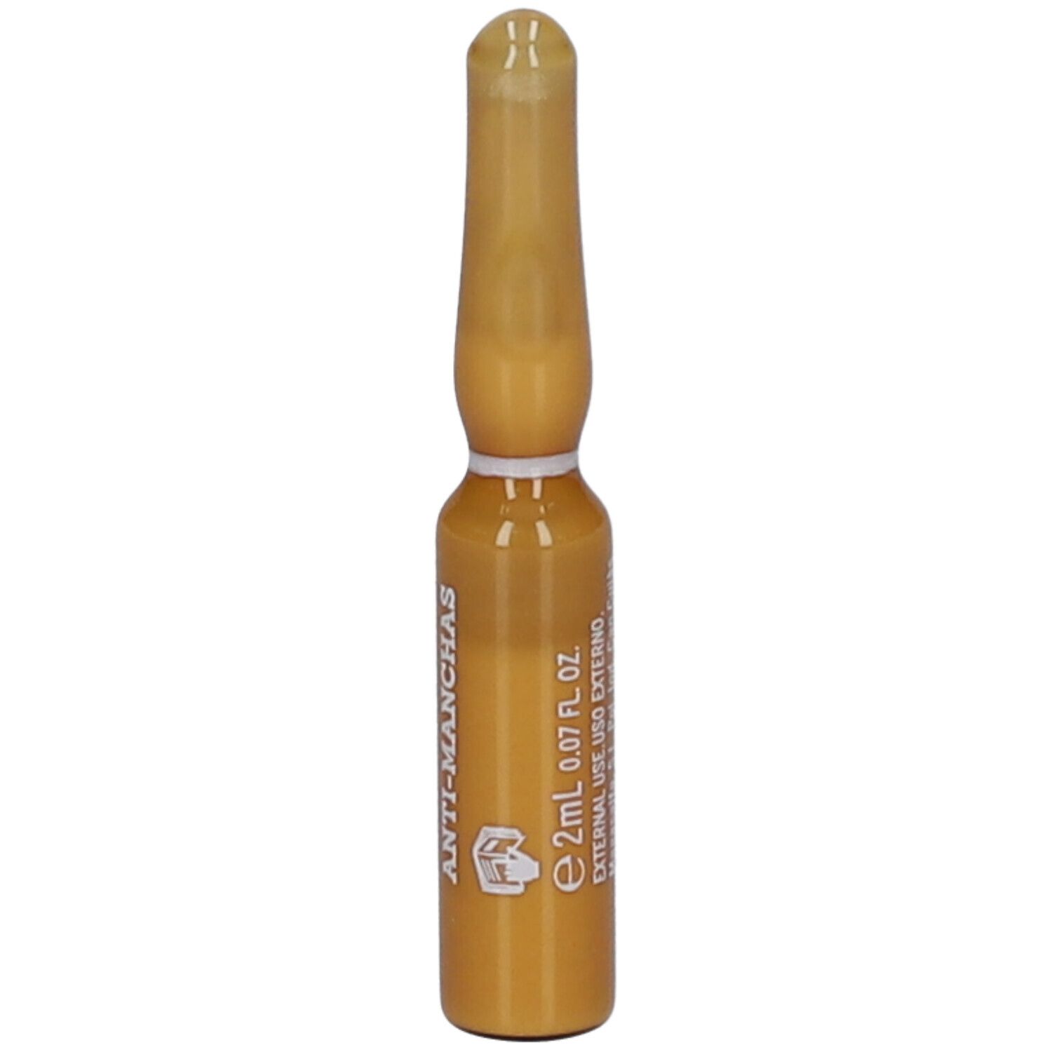 Ampoule dorée avec l'inscription "ANTI-MANCHAS" et indication de volume: 2ml 0.07 fl oz.