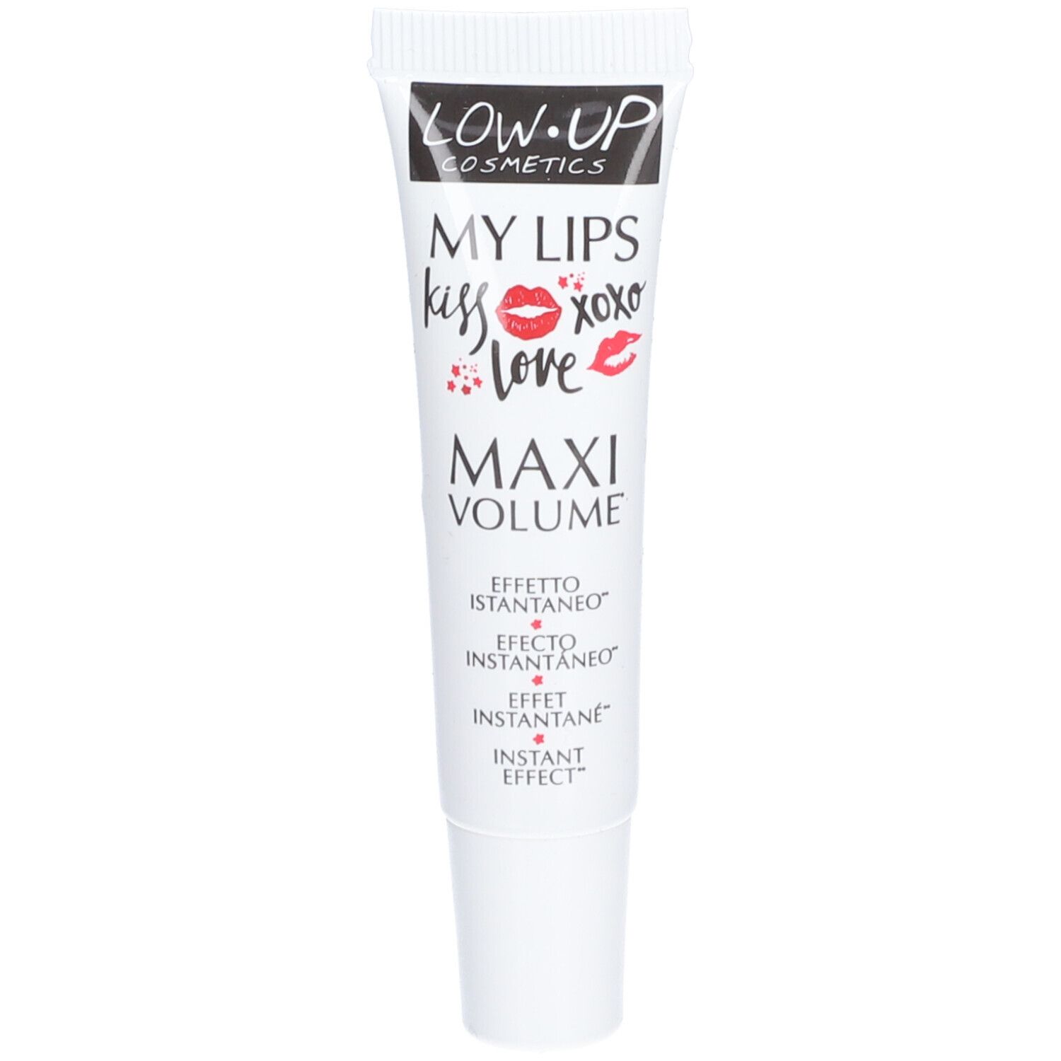 Tube blanche avec bouchon noir. Inscription : LOW-UP, MY LIPS, MAXI VOLUME. Illustrations de lèvres.