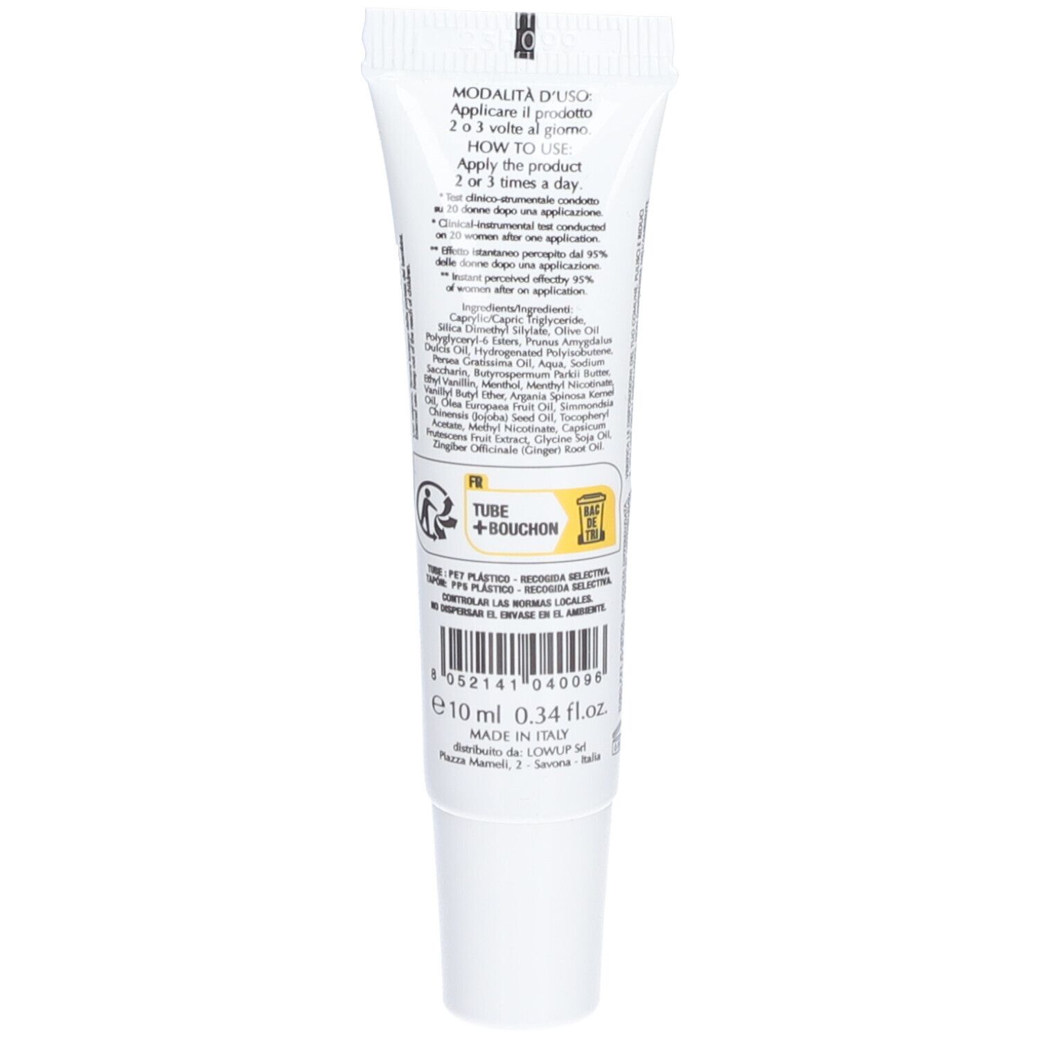 Dos du tube. Texte : instructions d'utilisation, ingrédients. Étiquette jaune avec symboles. Volume : 10 ml.