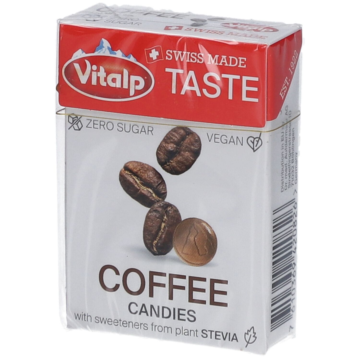 Verpackung mit Vitalp Kaffeebonbons. Rote und weiße Schachtel mit Kaffee-Abbildung und Text. "Zero Sugar" und "Vegan".