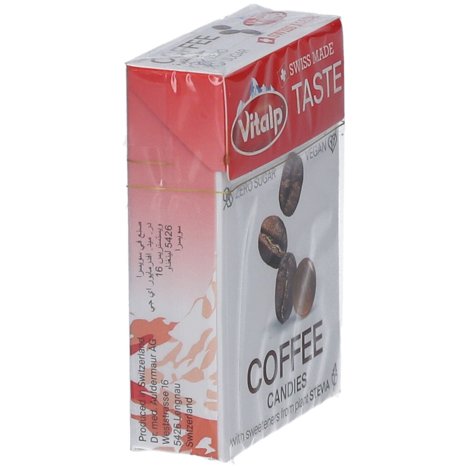 Schrägansicht der Vitalp Kaffeebonbon-Verpackung. Rote und weiße Schachtel mit Kaffee-Abbildung. Text: "Coffee Candies".