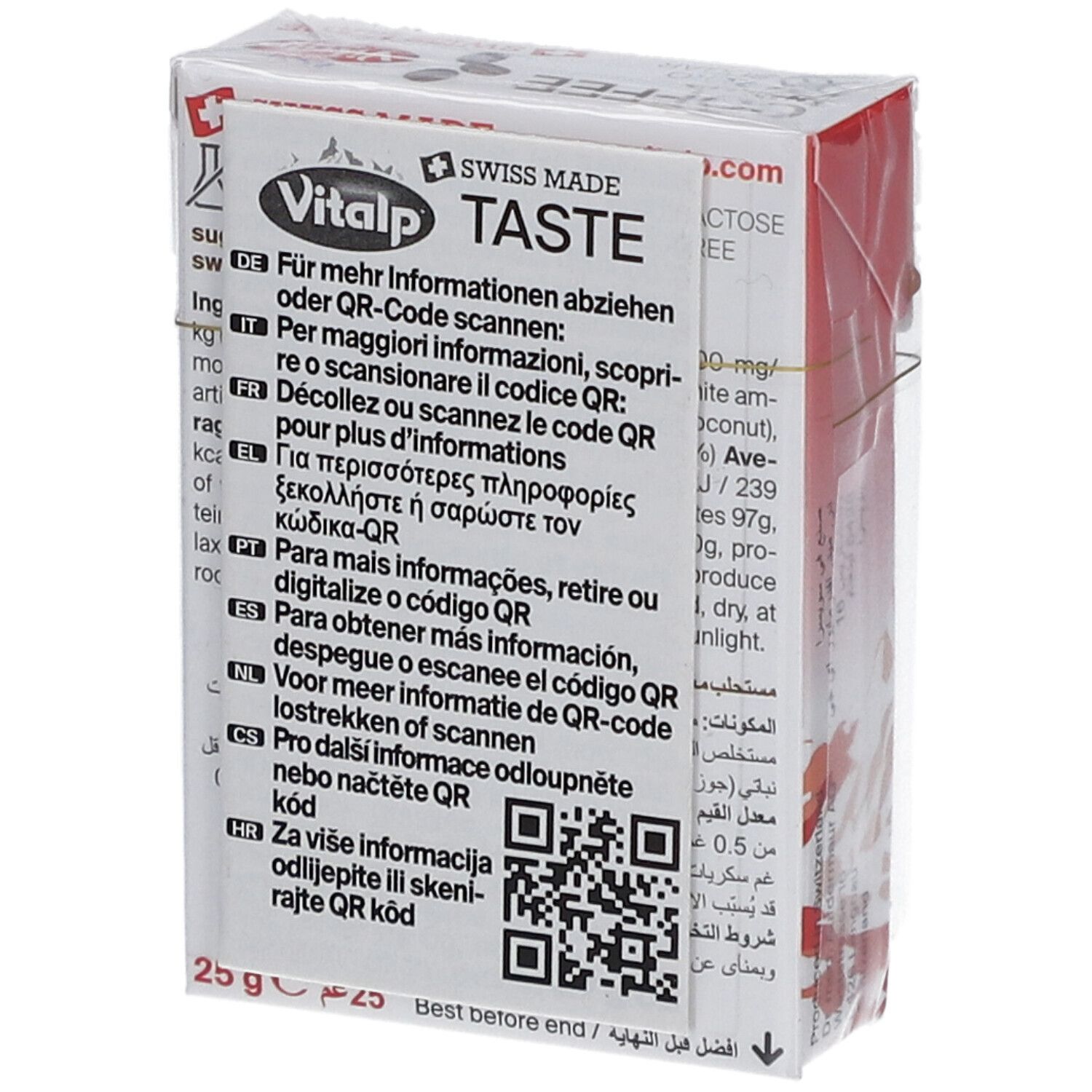 Rückseite der Vitalp Kaffeebonbon-Verpackung. Mehrsprachiger Text und QR-Code. Angaben zu Inhaltsstoffen und Nährwerten.