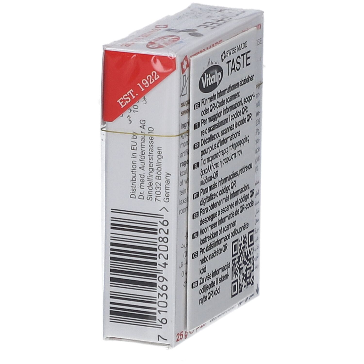 Seitenansicht der Vitalp Kaffeebonbon-Verpackung. Barcode und Text. Herstellungs- und Vertriebsinformationen.