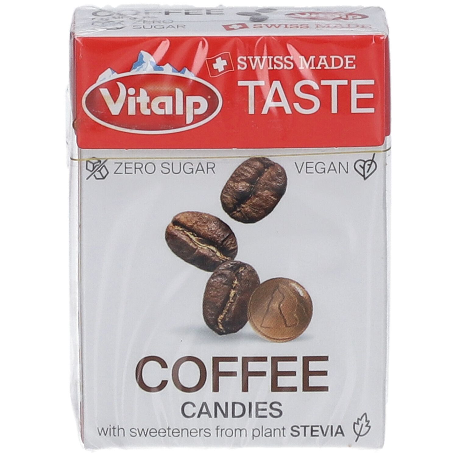 Vorderansicht der Vitalp Kaffeebonbon-Verpackung. Rote und weiße Schachtel mit Kaffee-Abbildung und Text. "Zero Sugar" und "Vegan".