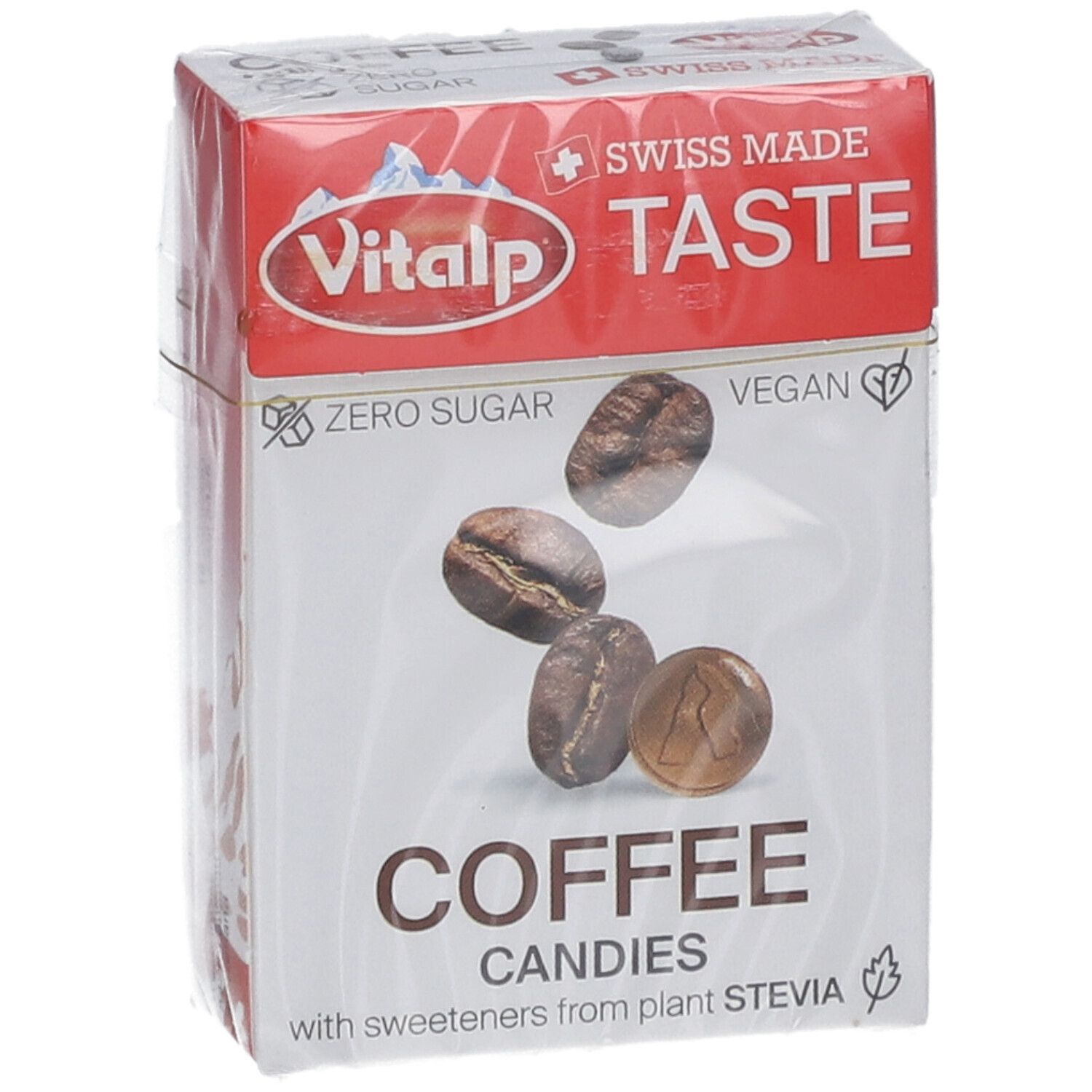 Vorderansicht der Vitalp Kaffeebonbon-Verpackung. Rote und weiße Schachtel mit Kaffee-Abbildung und Text. "Zero Sugar" und "Vegan".