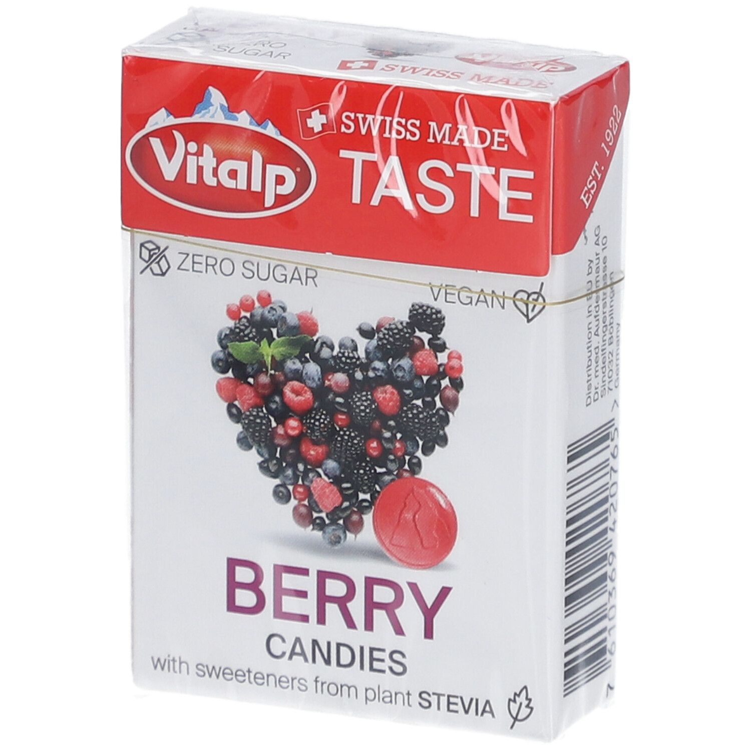 Verpackung mit Beerenbonbons. Aufdruck: Vitalp, Swiss Made, Zero Sugar, Berry Candies. Herz aus Beeren.