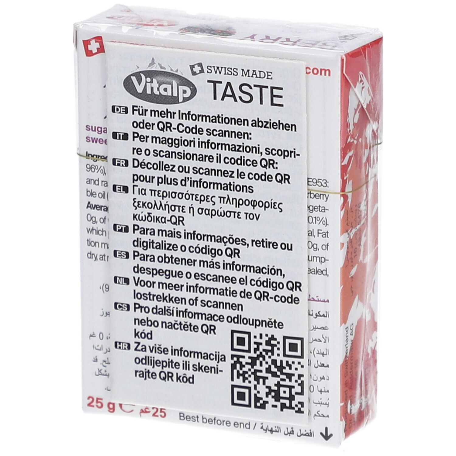 Rückseite der Verpackung mit Informationen und QR-Code. Aufdruck: Vitalp, Swiss Made, 25g, Best before.