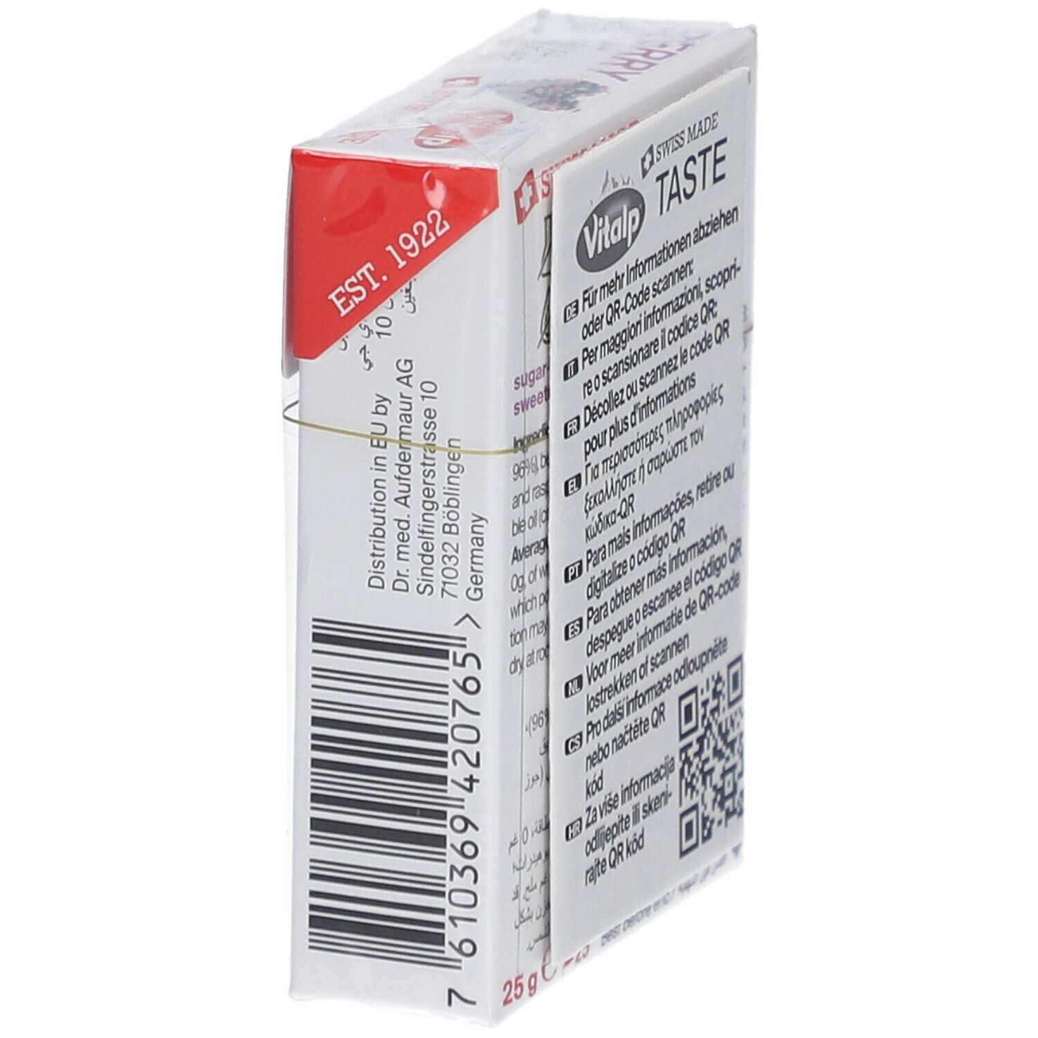 Seitenansicht der Verpackung mit Informationen und QR-Code. Aufdruck: Vitalp, Swiss Made, 25g, Best before.