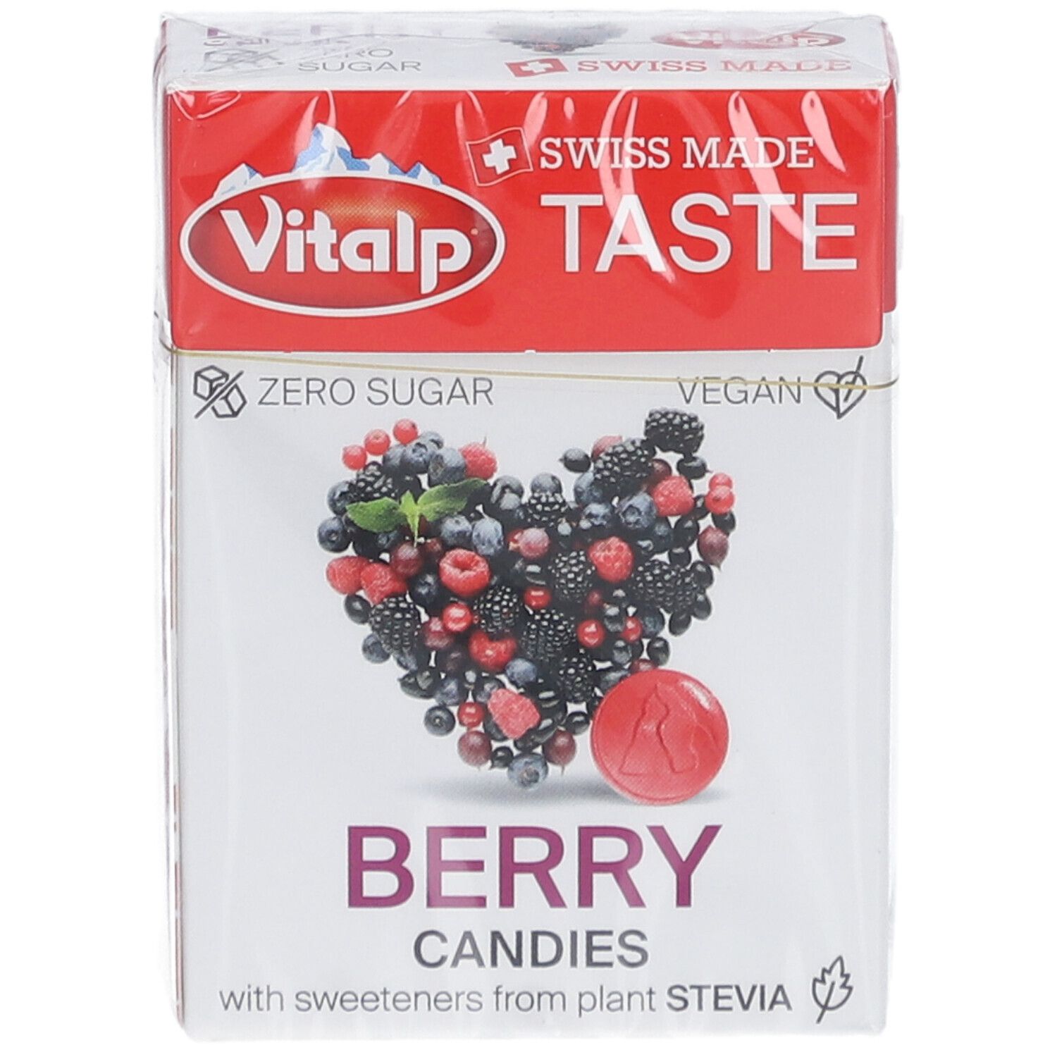 Verpackung mit Beerenbonbons. Aufdruck: Vitalp, Swiss Made, Zero Sugar, Berry Candies. Herz aus Beeren.