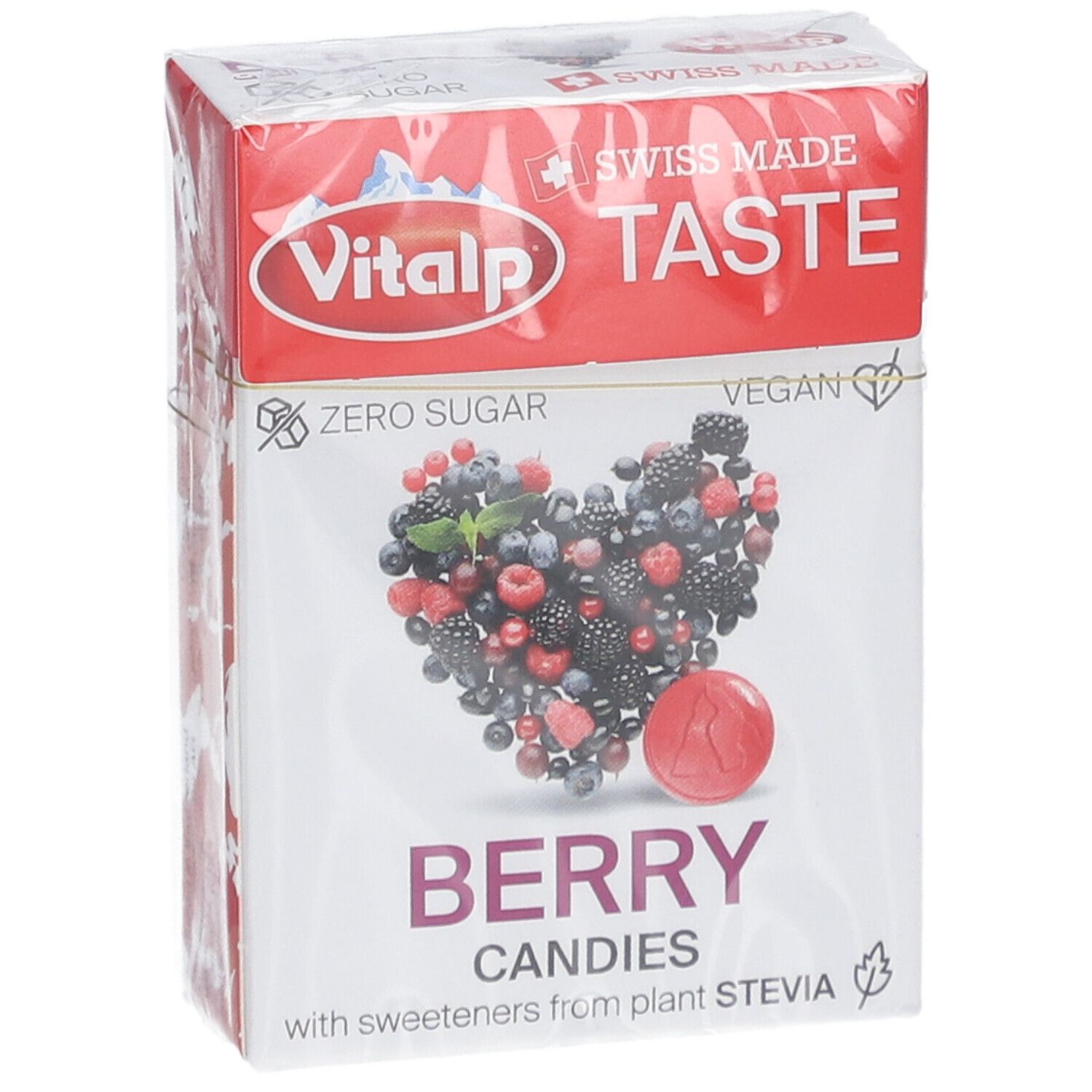 Verpackung mit Beerenbonbons. Aufdruck: Vitalp, Swiss Made, Zero Sugar, Berry Candies. Herz aus Beeren.