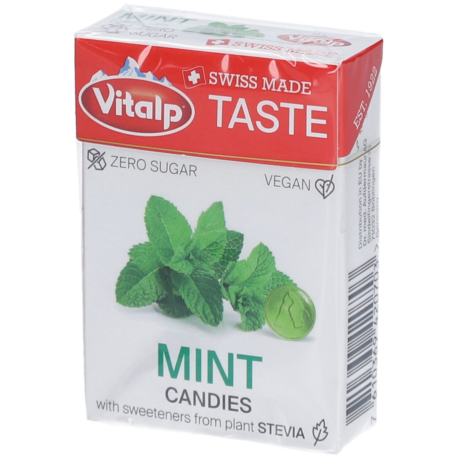 Verpackung mit Vitalp Pfefferminzbonbons ohne Zucker. Aufdruck: Swiss Made, Zero Sugar, Vegan. Abbildung von Minze und Bonbon.