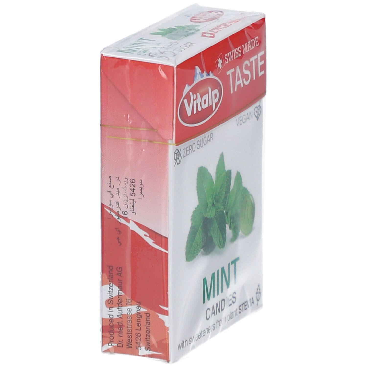 Verpackung Vitalp Pfefferminzbonbons ohne Zucker. Seitenansicht. Aufdruck: Swiss Made, Zero Sugar, Vegan. Abbildung von Minze und Bonbon.