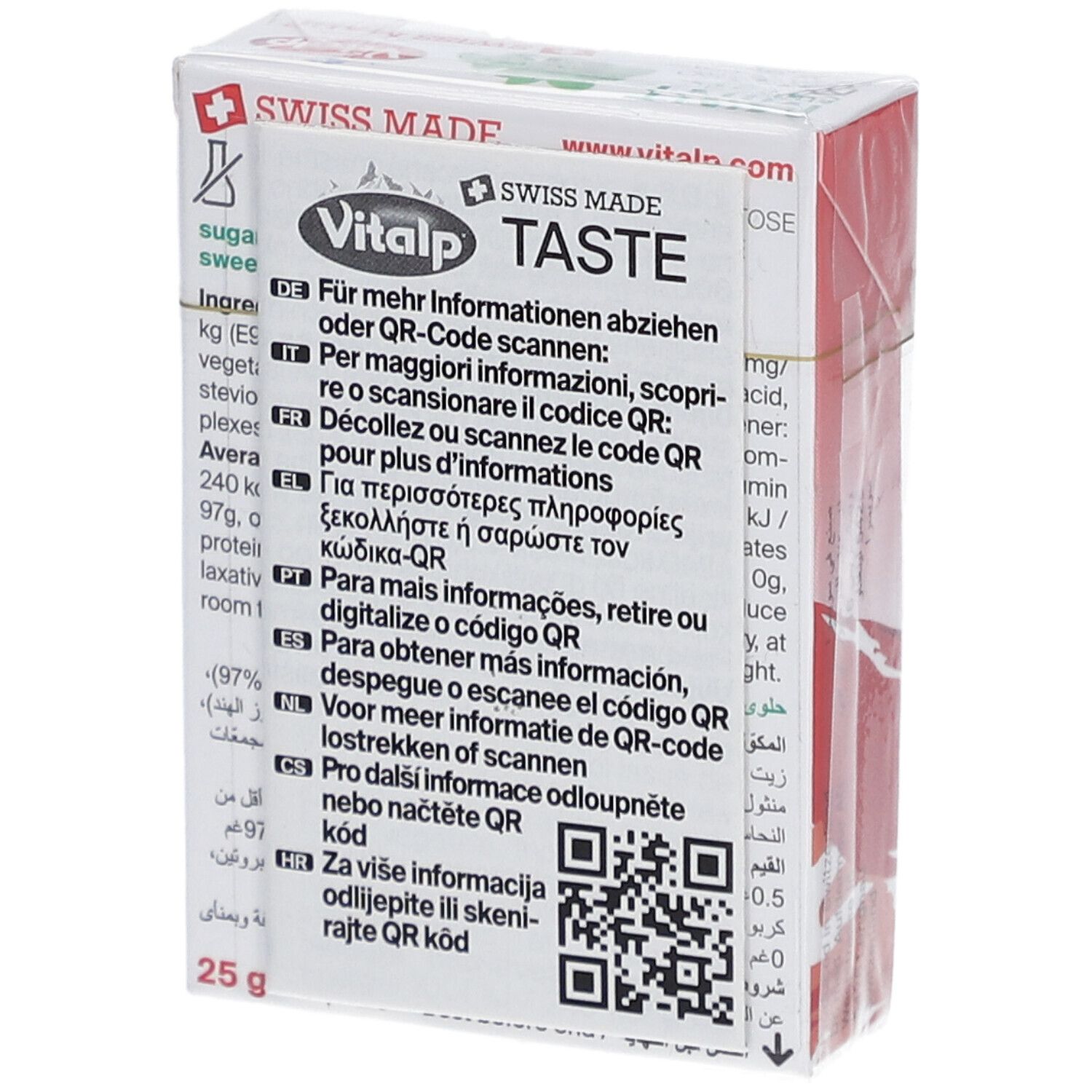 Verpackung Vitalp Pfefferminzbonbons ohne Zucker. Rückseite mit QR-Code und Text in mehreren Sprachen. Aufdruck: Swiss Made.
