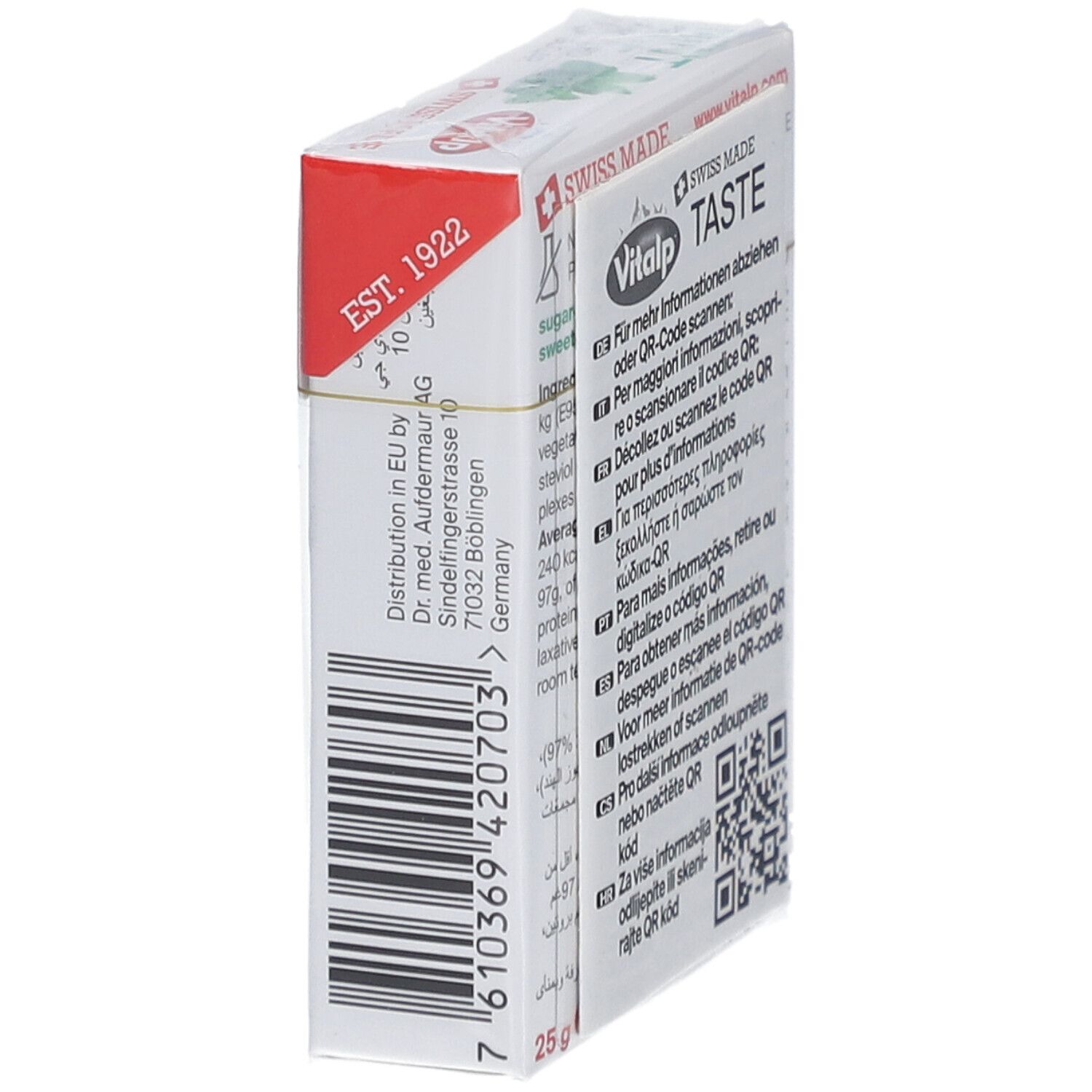 Verpackung Vitalp Pfefferminzbonbons ohne Zucker. Seitenansicht mit Text und QR-Code. Aufdruck: Swiss Made, 25g.