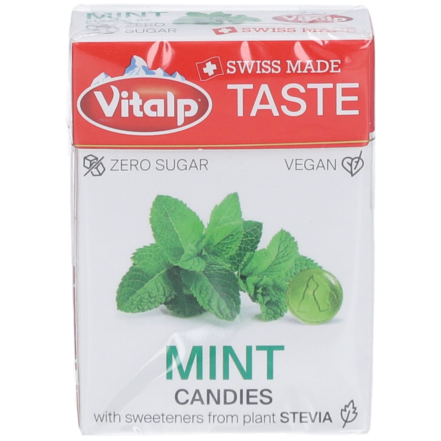 Verpackung Vitalp Pfefferminzbonbons ohne Zucker. Aufdruck: Swiss Made, Zero Sugar, Vegan. Abbildung von Minze und Bonbon.