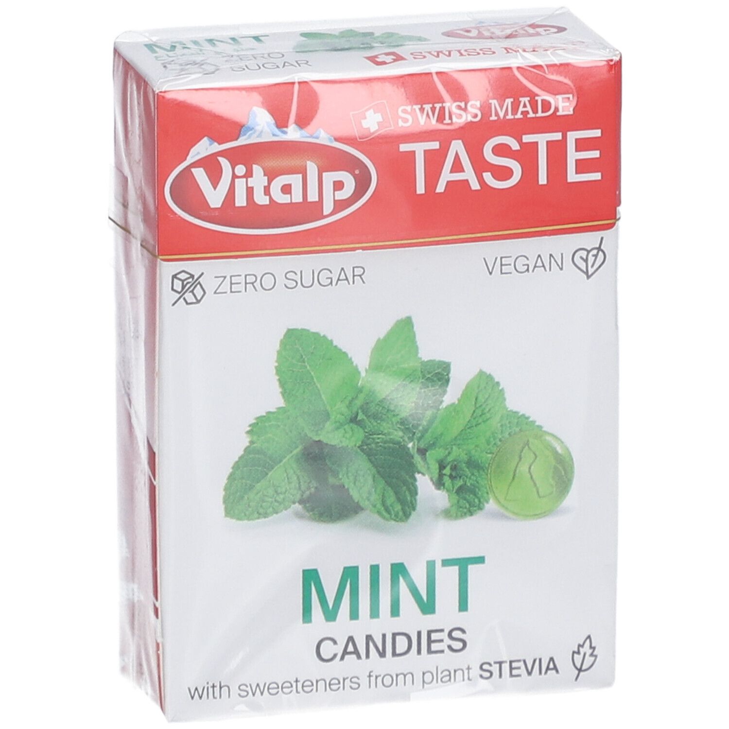 Verpackung Vitalp Pfefferminzbonbons ohne Zucker. Aufdruck: Swiss Made, Zero Sugar, Vegan. Abbildung von Minze und Bonbon.